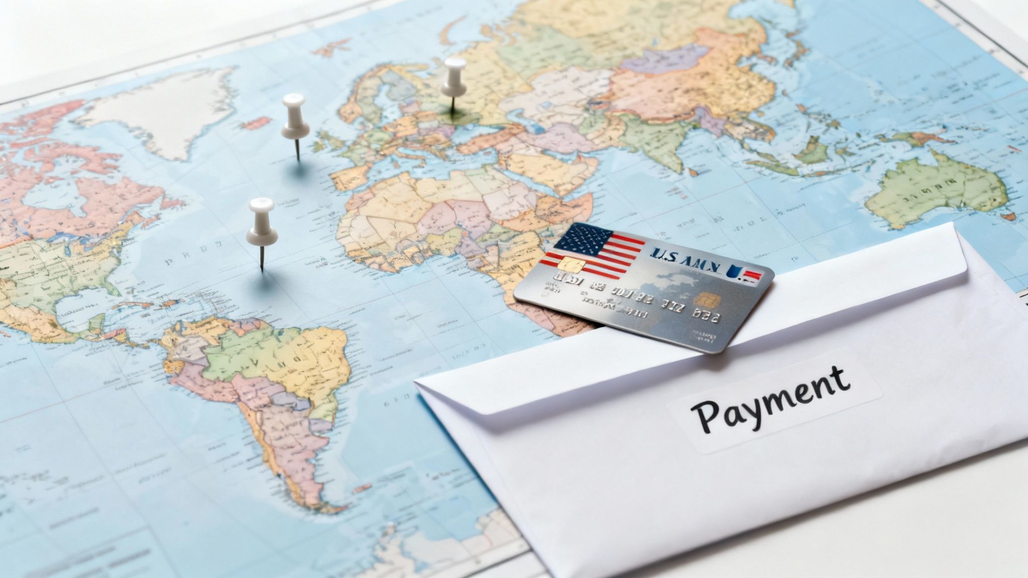 A world map with pushpins, a US American Express credit card, and an envelope labeled 'Payment'.