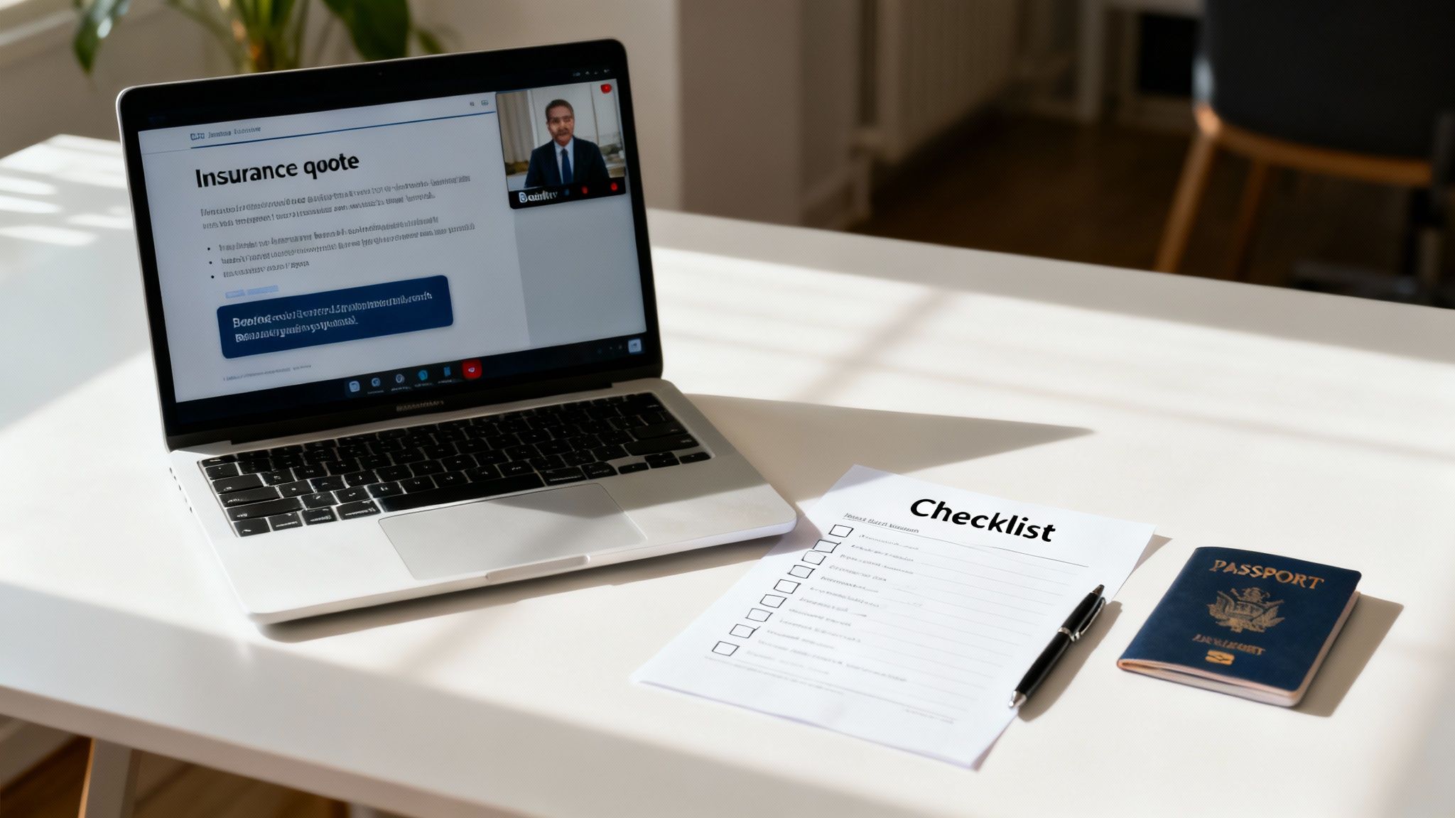 Laptop displaying an insurance quote and video call, a checklist, pen, and passport on a desk.