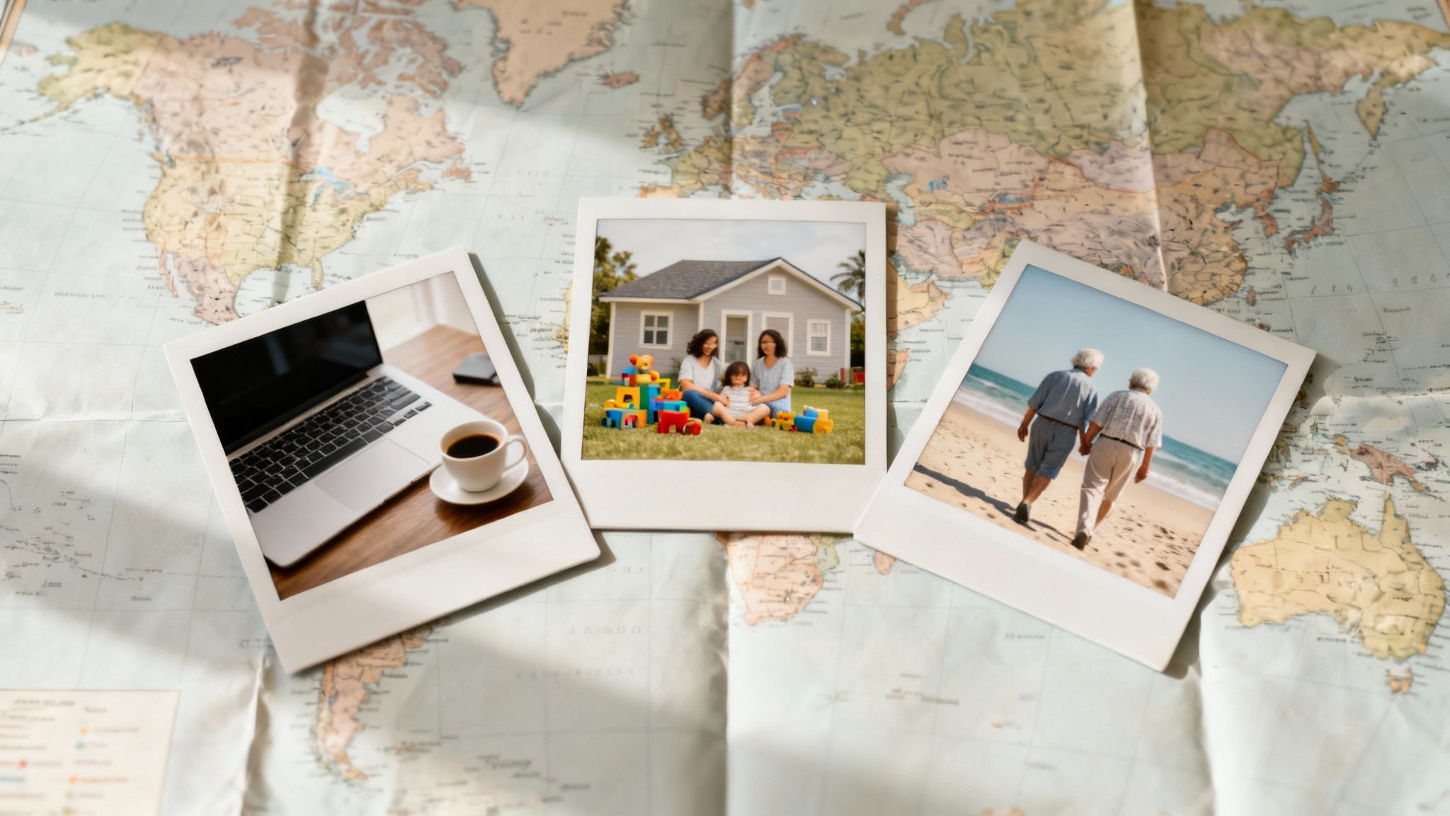 Three polaroid photos on a world map showing remote work, family life, and a couple traveling.