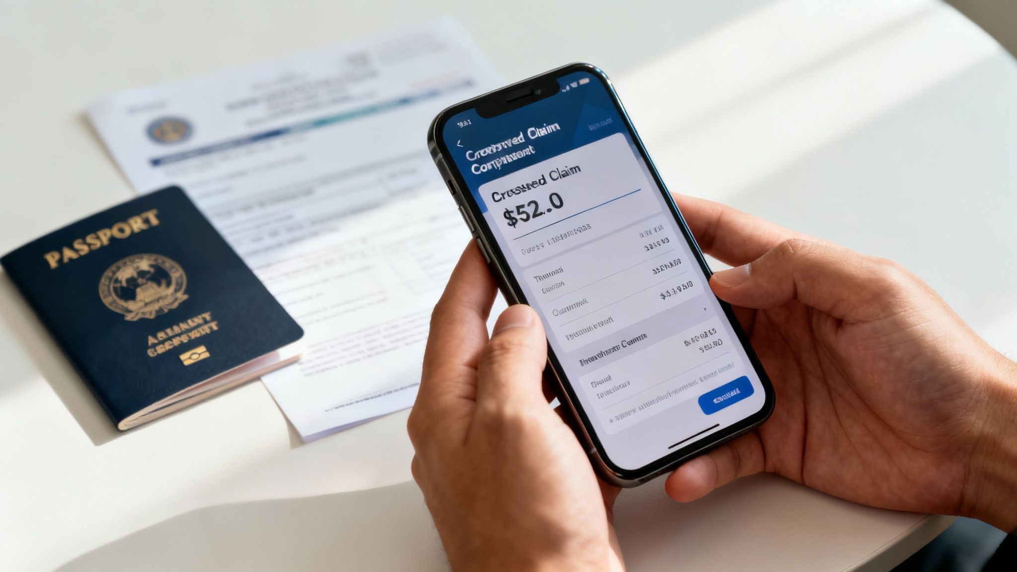 A person holds a smartphone displaying a 'Crossed Claim' application, with a passport and documents.