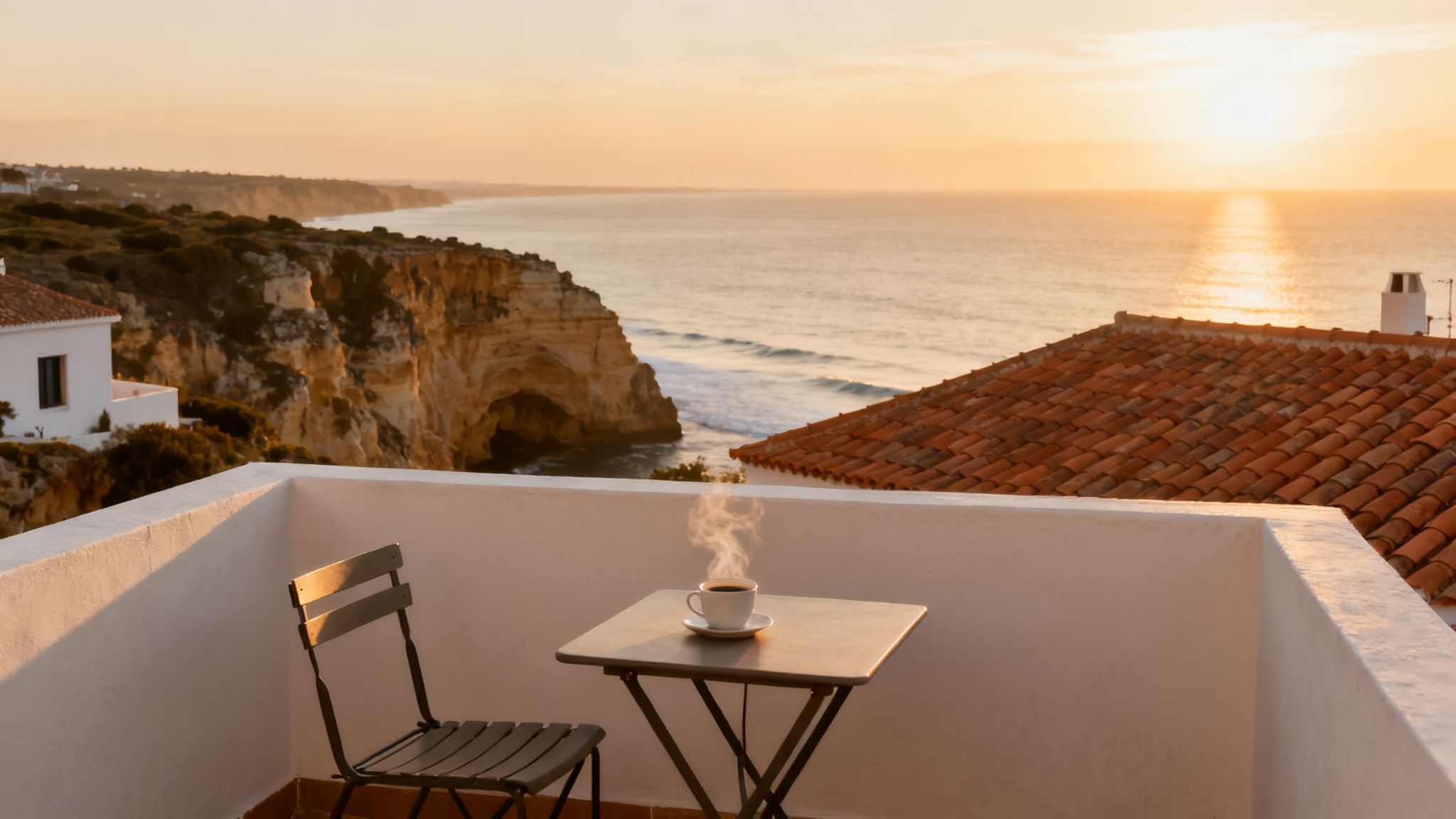 A serene balcony view of a steaming coffee cup and chair overlooking the ocean and cliffs at sunset.