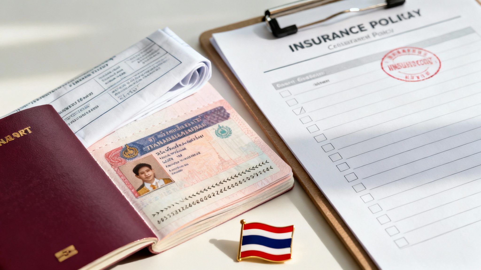 A person reviewing visa documents with a passport and medical insurance papers on a desk