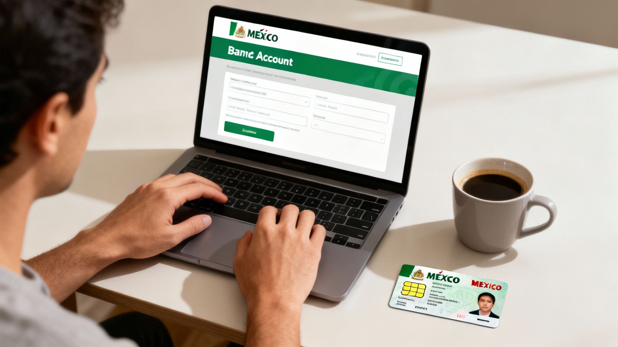 Person using laptop to register for Banic Account with Mexican ID card and coffee on desk