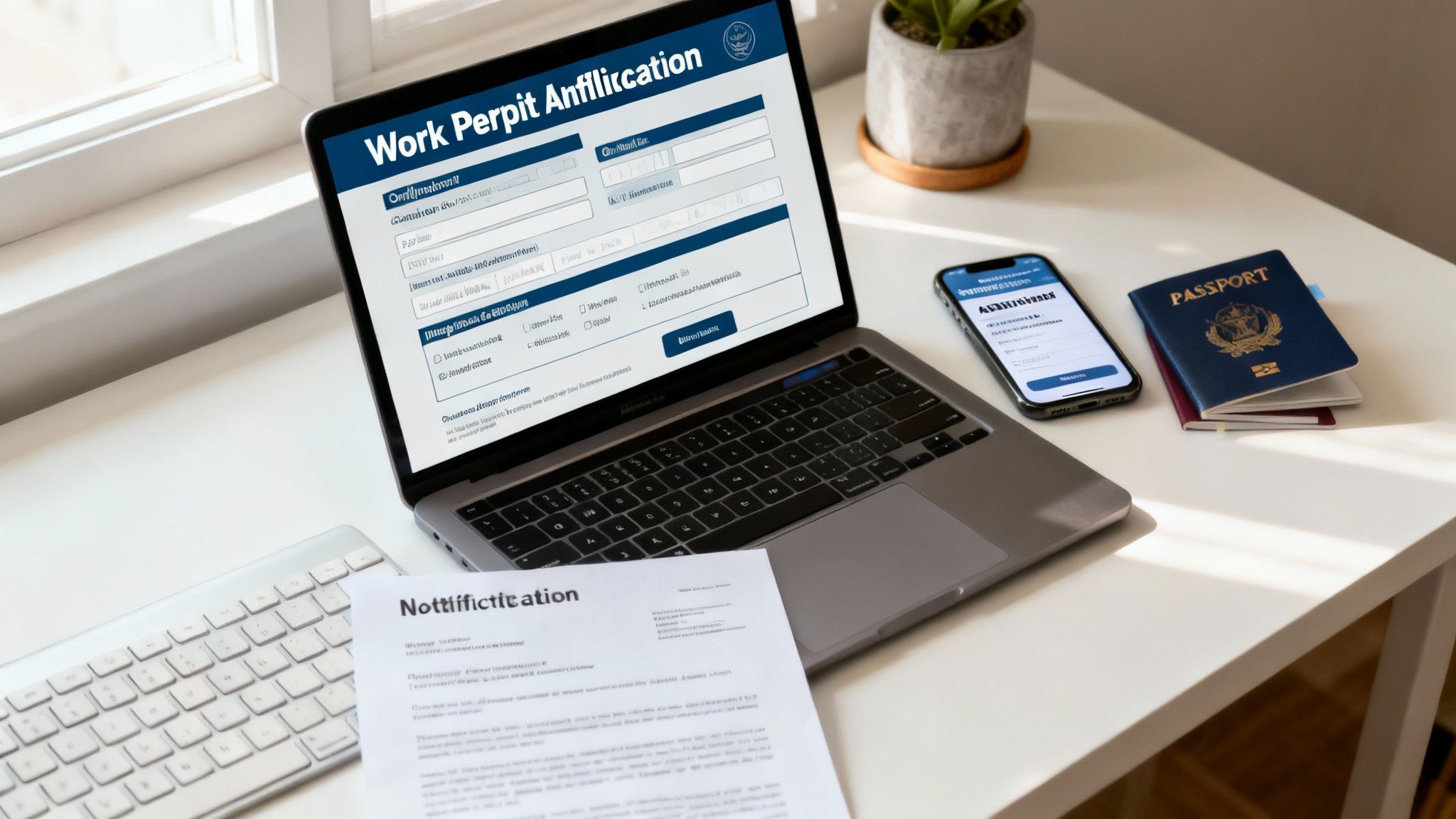 Workspace with a laptop displaying a work permit application, passports, and related documents.