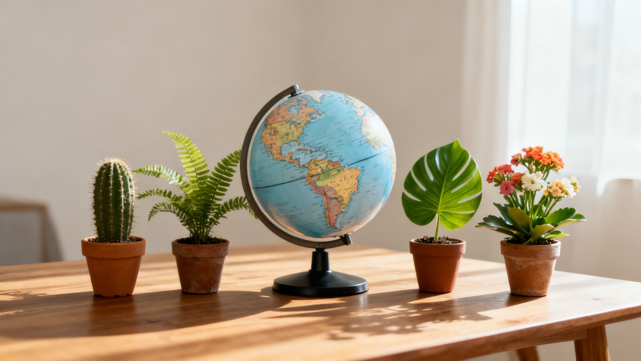 A vibrant globe and potted plants like a cactus, fern, and monstera sit on a sunny wooden table.