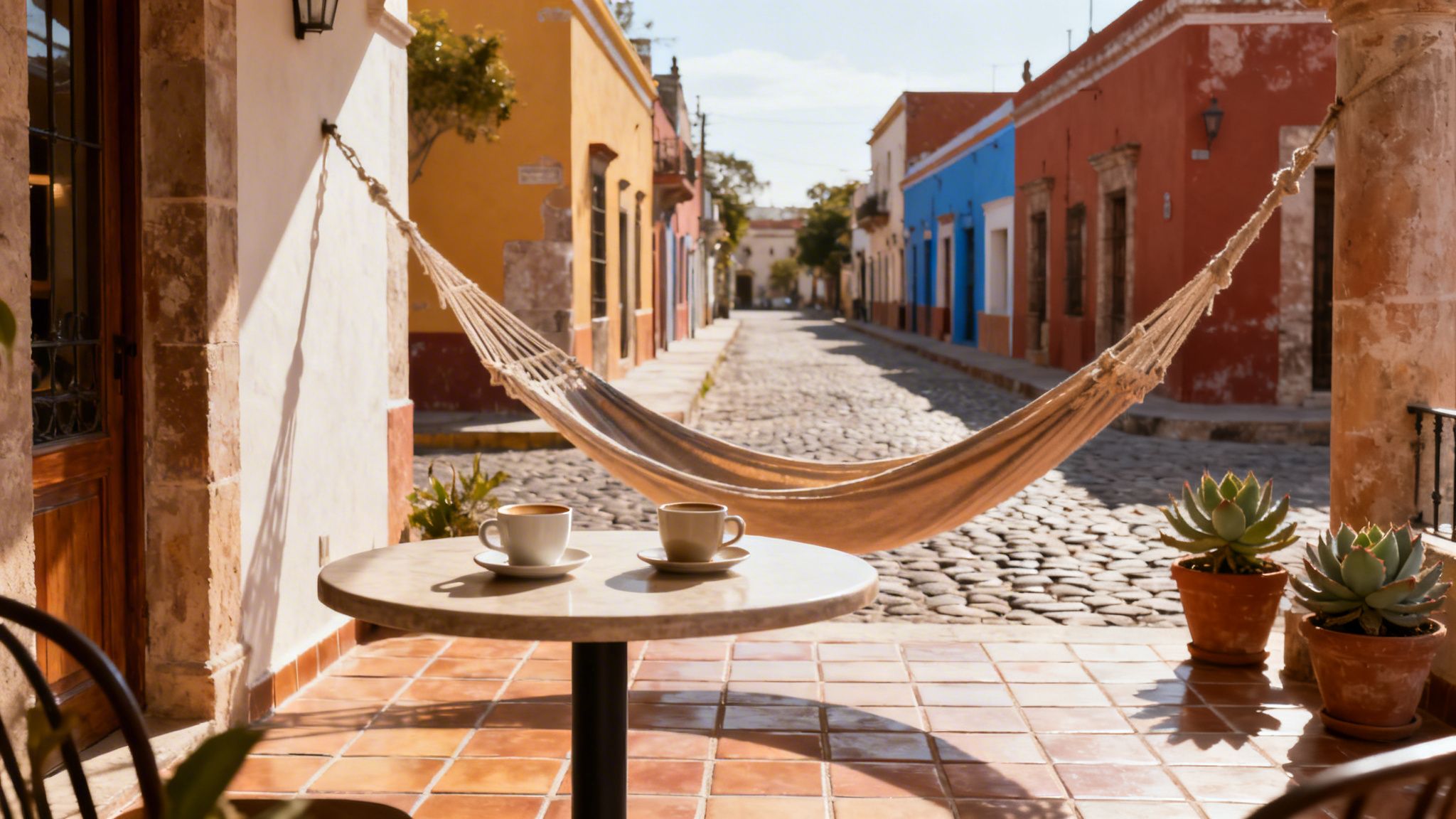 A cozy terrace in a colorful Mexican town, featuring a hammock, coffee, and cobblestone street.