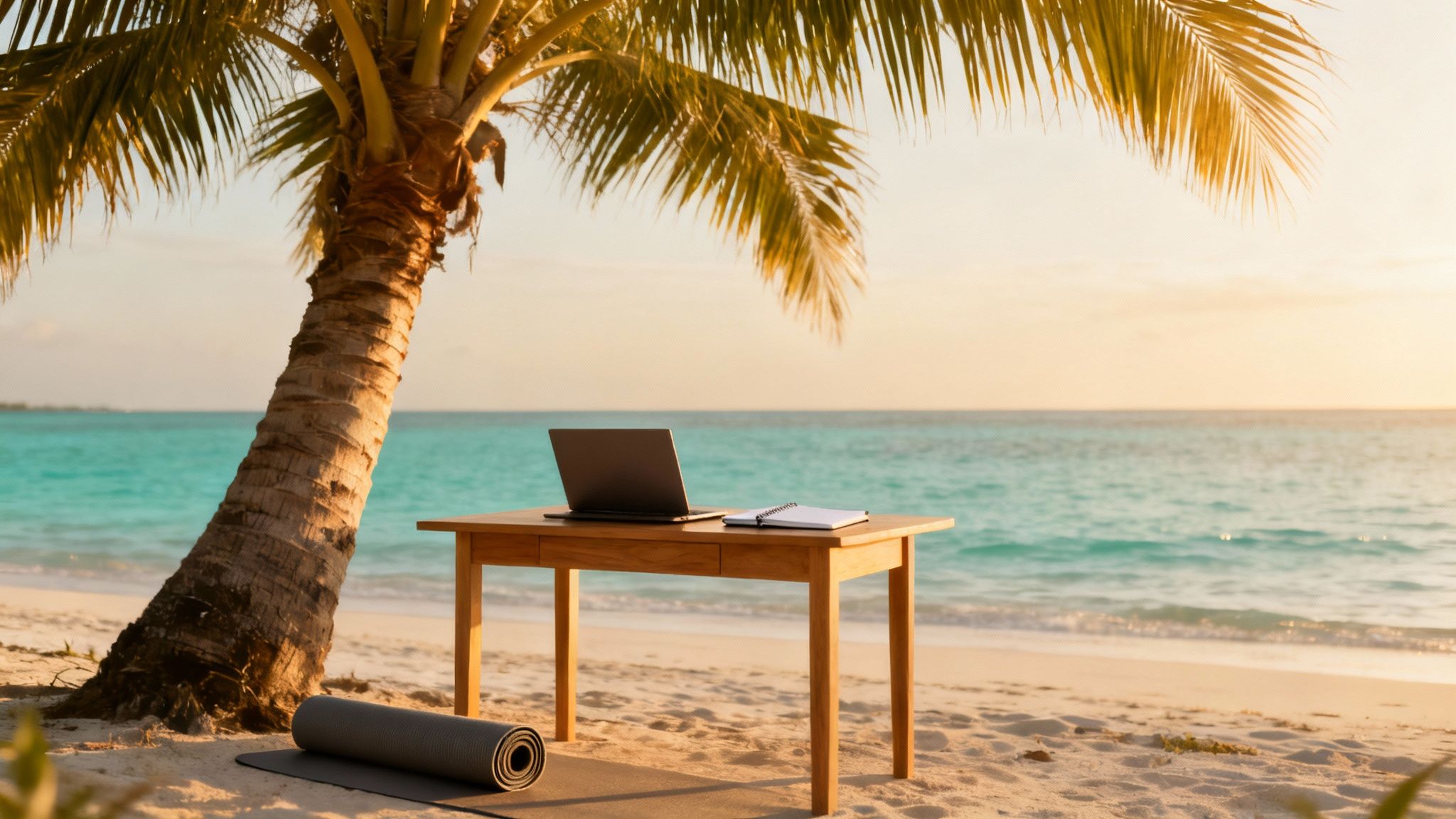 A tropical beach workspace with a laptop, notebook, palm tree, and turquoise ocean.