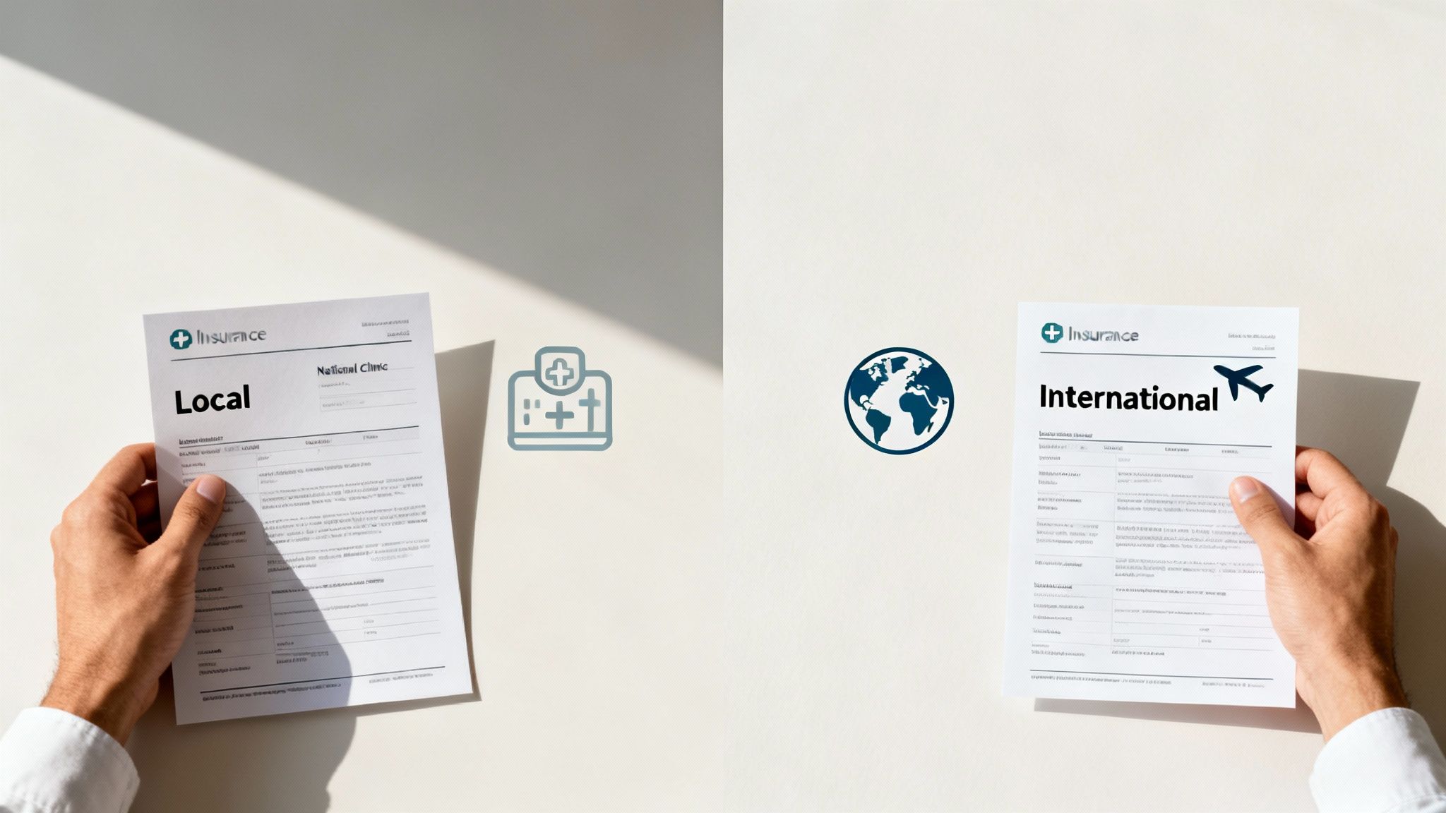 Hands holding local and international health insurance documents, represented by clinic and globe icons.