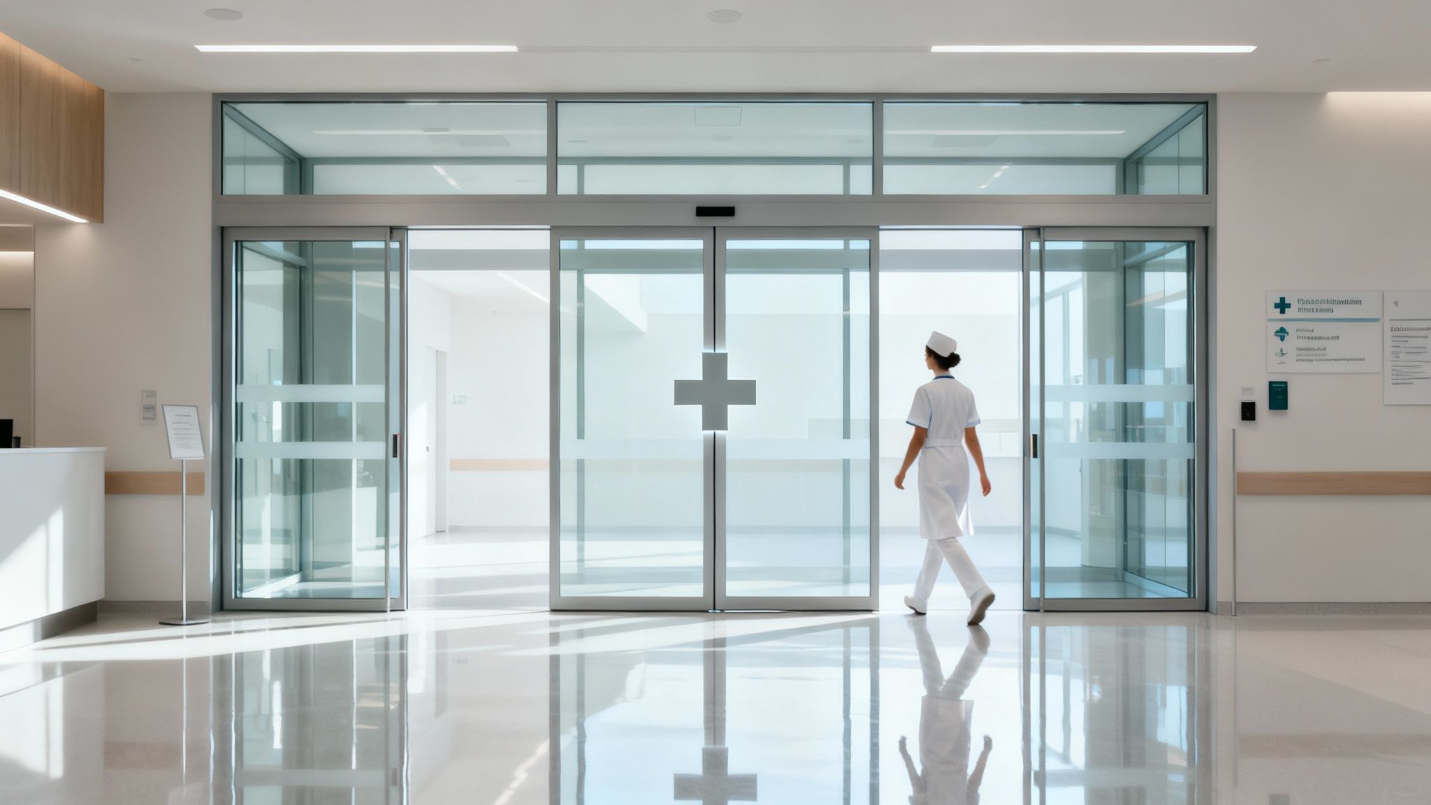 A nurse in white scrubs walks through automatic glass doors with a cross emblem in a bright hospital hallway.