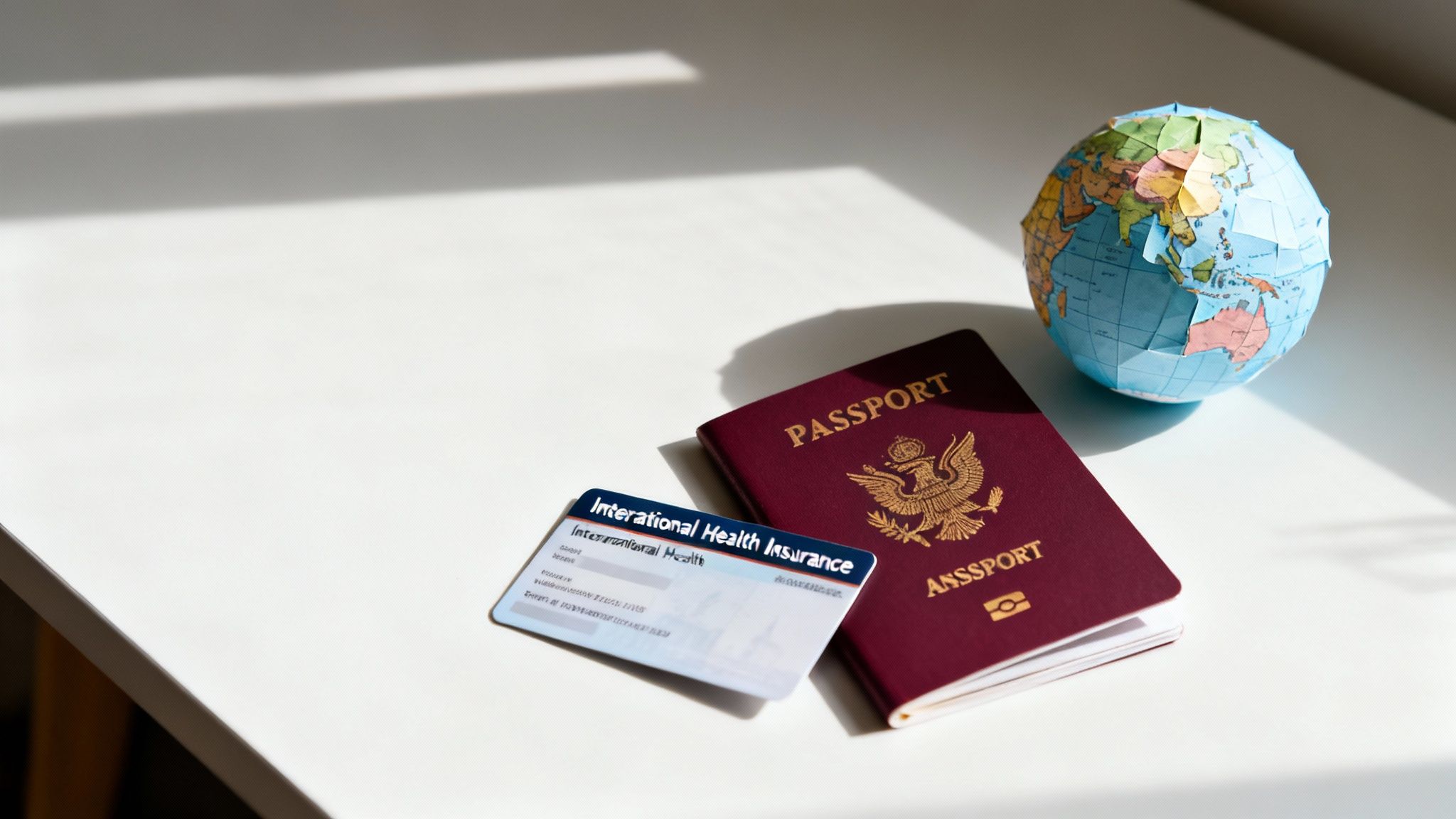 Essential items for international travel: a passport, health insurance card, and a globe.