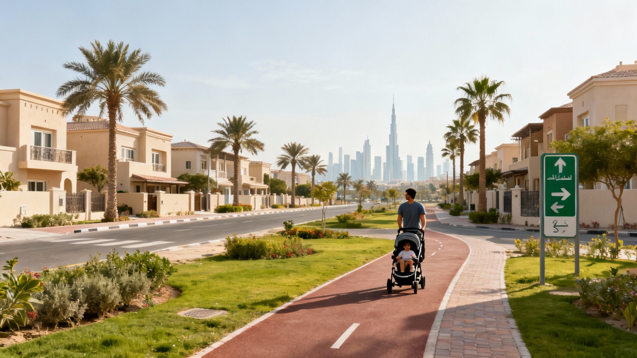 Father pushing stroller along Dubai bike path with Burj Khalifa skyline and palm trees