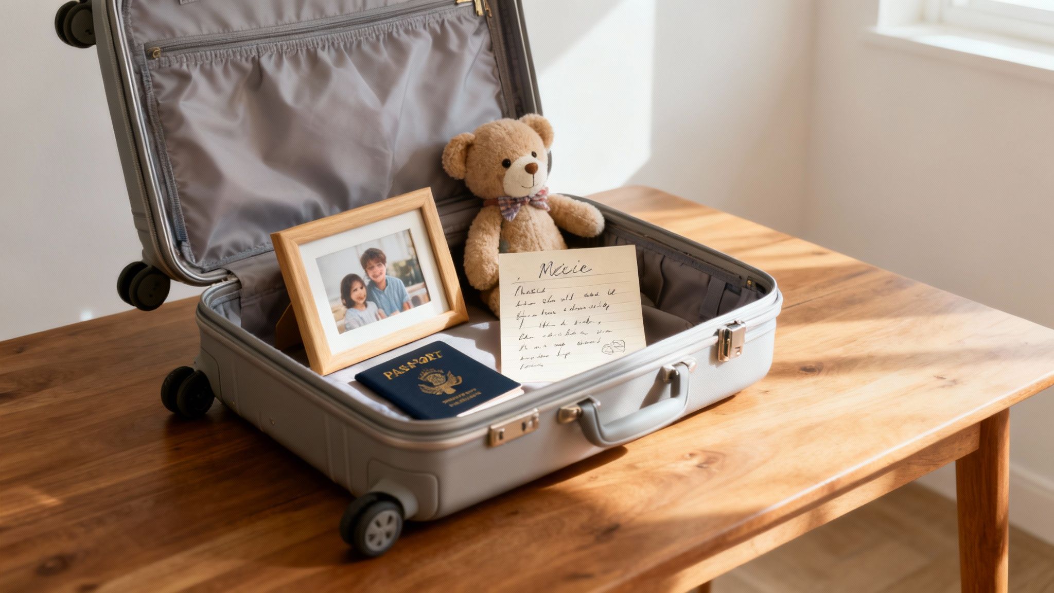 An open grey suitcase on a wooden table, containing a framed photo, a passport, a teddy bear, and a handwritten note.