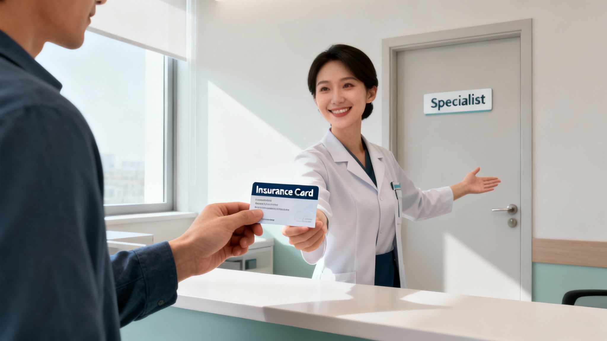 Patient hands insurance card to smiling medical professional at hospital counter, pointing to a specialist room.
