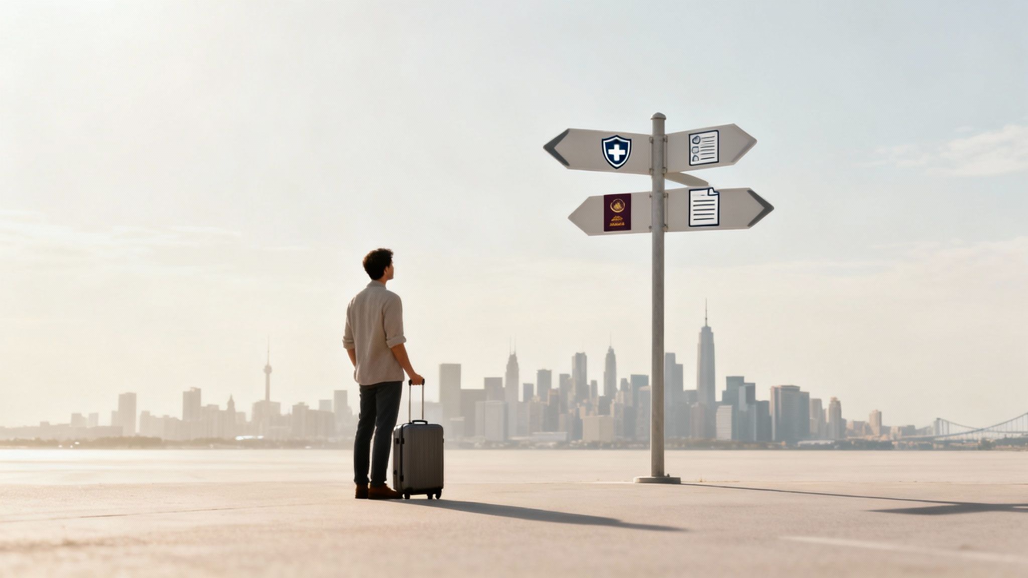 Man with suitcase facing a signpost with icons for health, travel, and documents, representing choices.