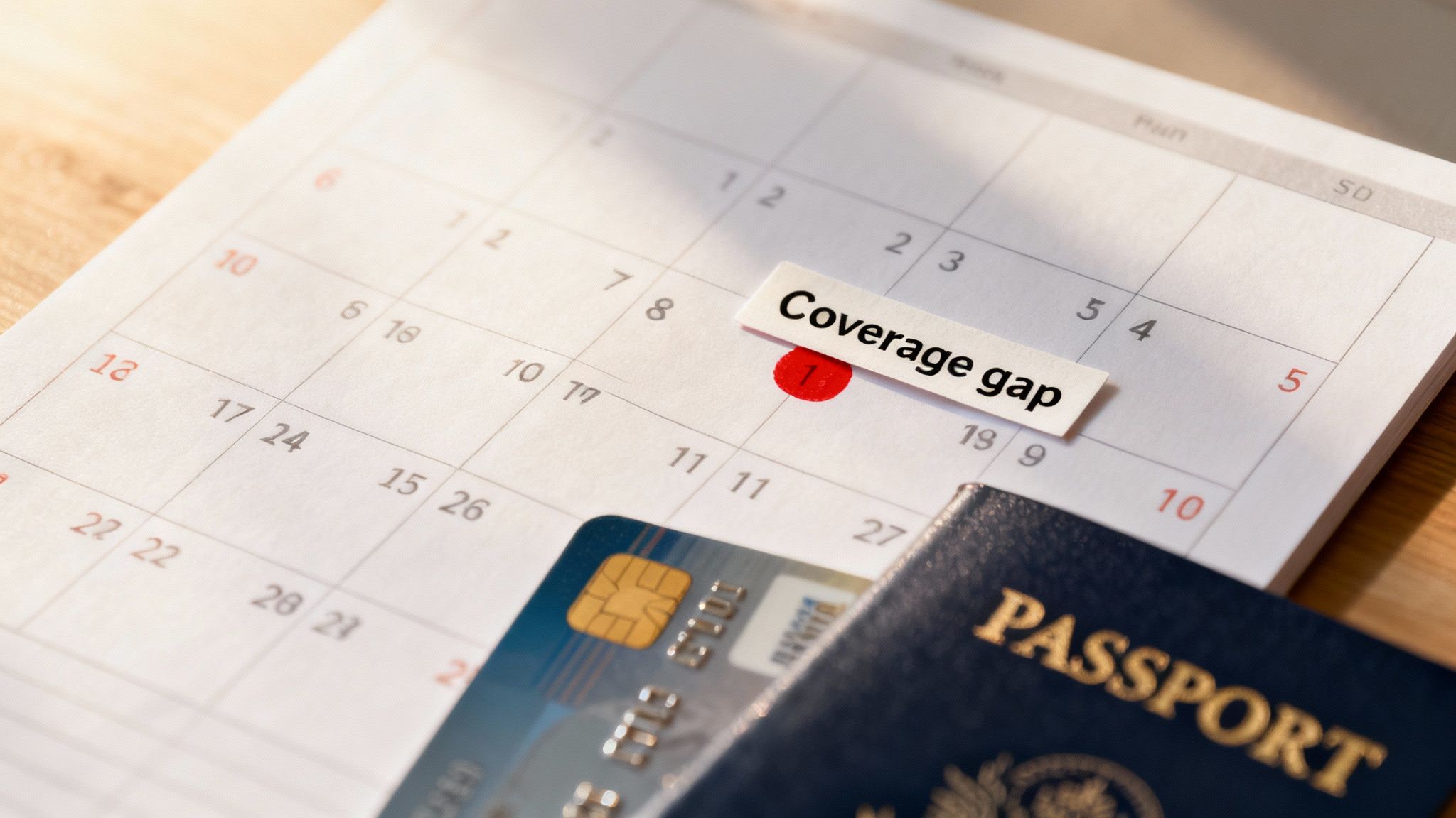 A calendar marking a 'Coverage gap' date with a red sticker, alongside a passport and credit card.