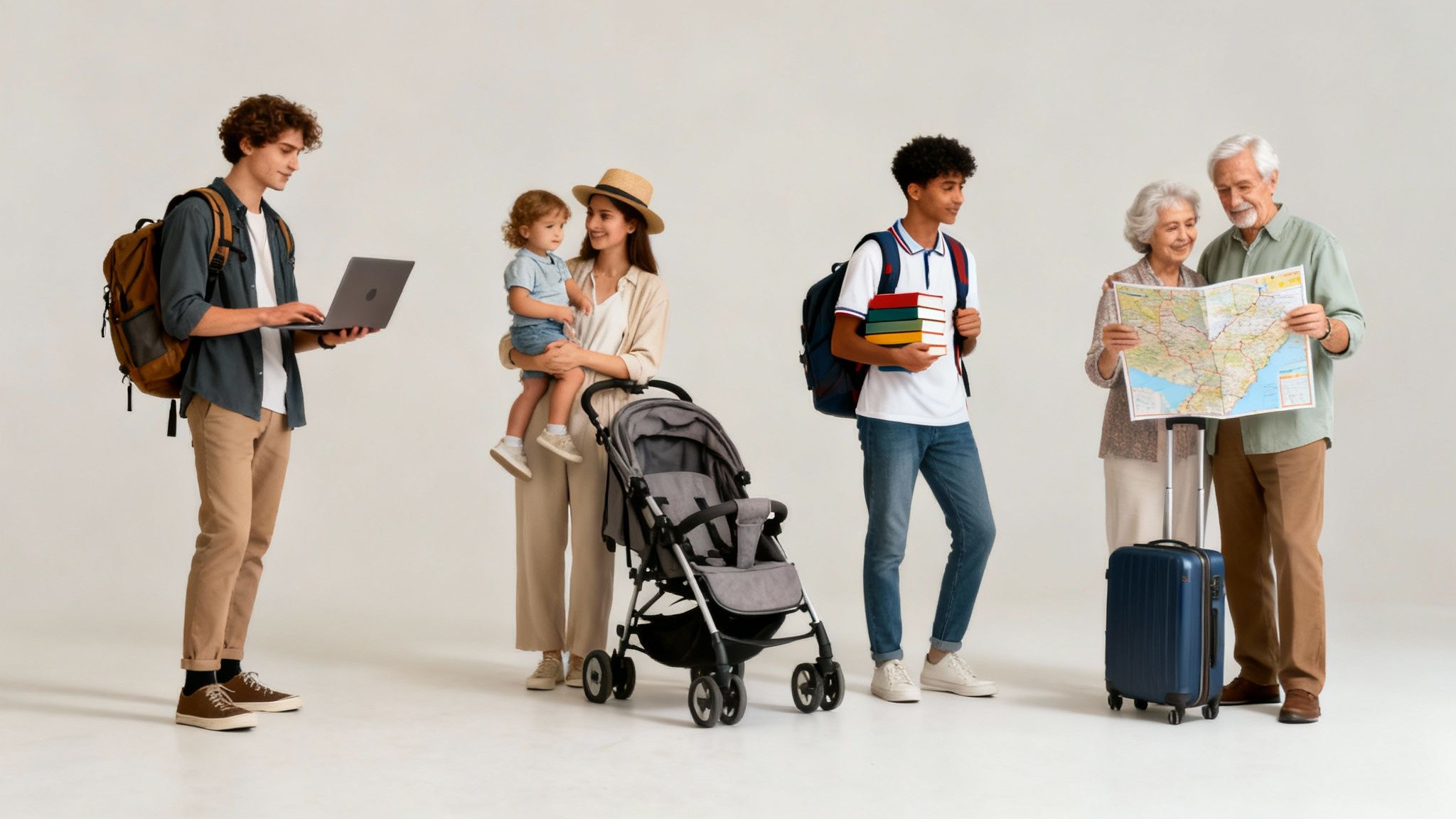 A diverse group of travelers from different generations: a student, a family with a baby and stroller, a student with books, and an elderly couple with a map and suitcase.
