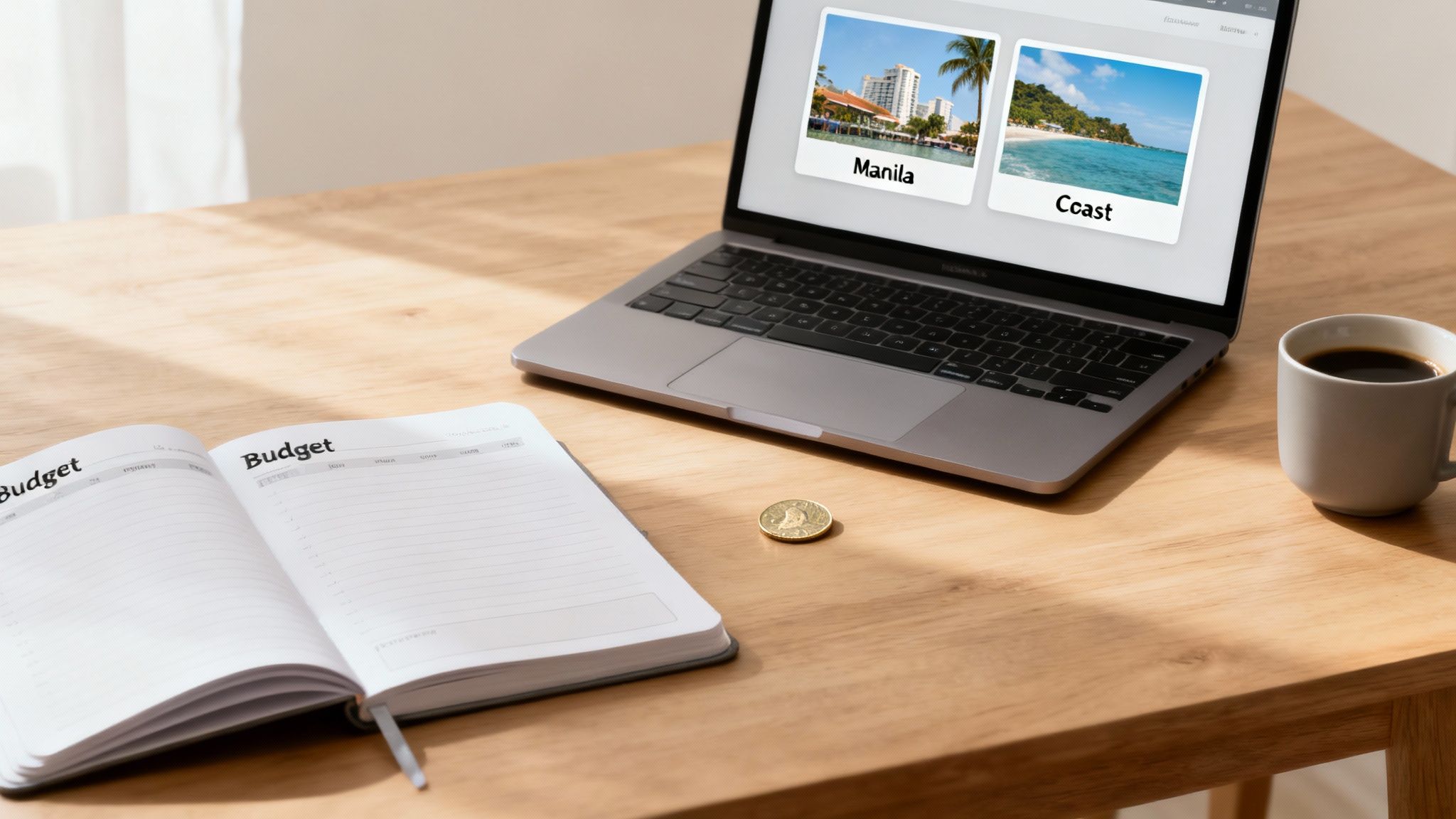 A laptop displaying travel photos of Manila and a beach, alongside an open budget notebook, a coin, and a coffee cup on a wooden desk.