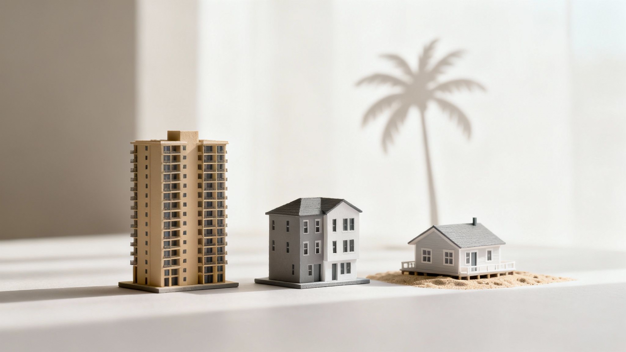 Miniature models of an apartment building, a house, and a beach hut on sand with a palm tree shadow.