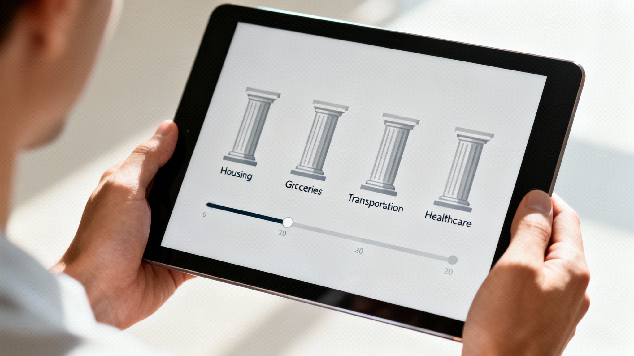 A person holds a tablet displaying a cost of living comparison tool with housing, groceries, transportation, and healthcare categories.