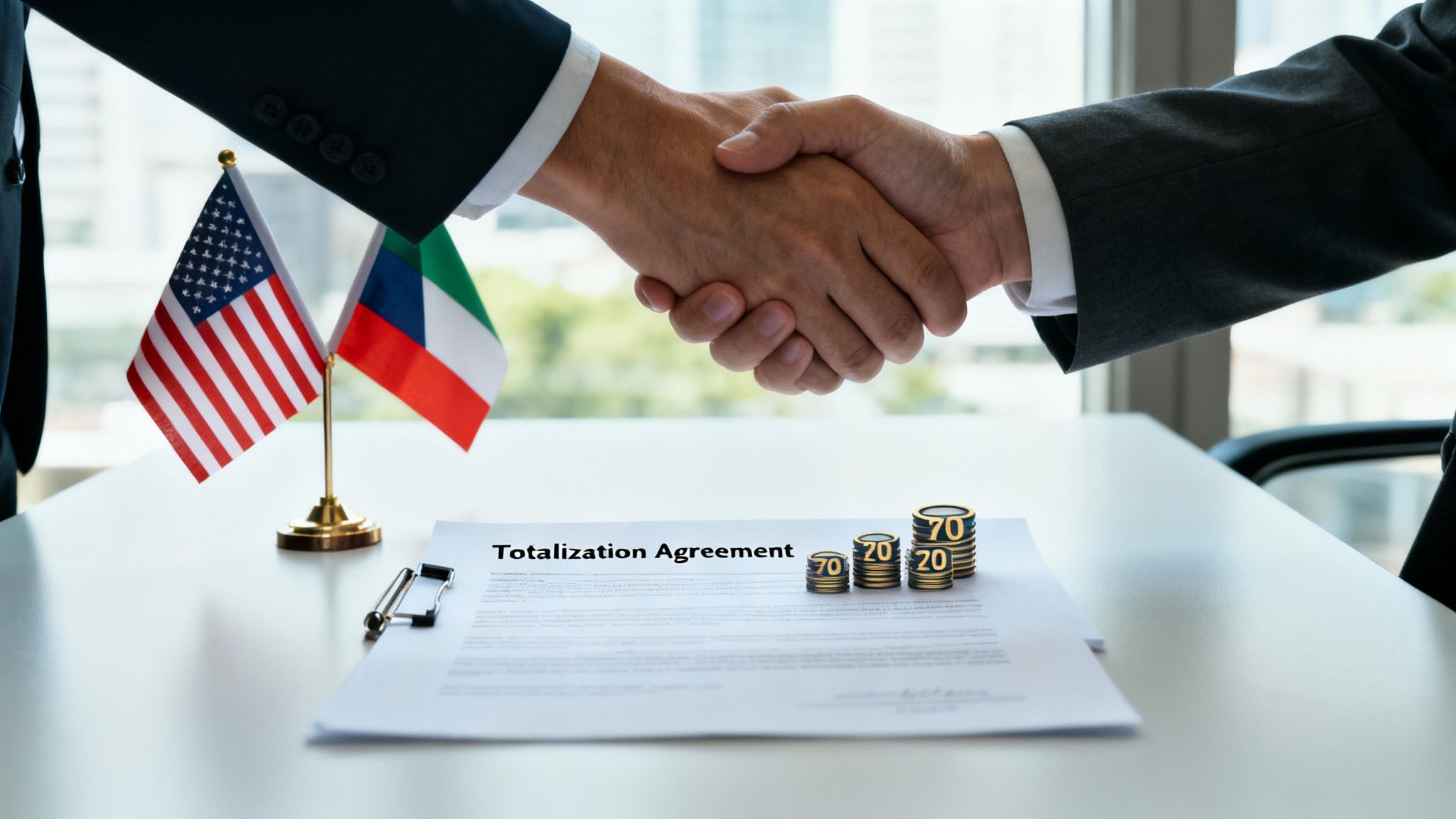 Businessmen shaking hands above a 'Totalization Agreement' document, flanked by the USA and another country's flag.