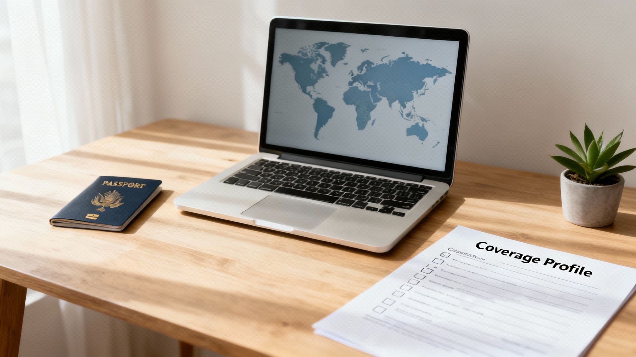 Passport, laptop with world map, and 'Coverage Profile' document on a desk, suggesting international travel planning.