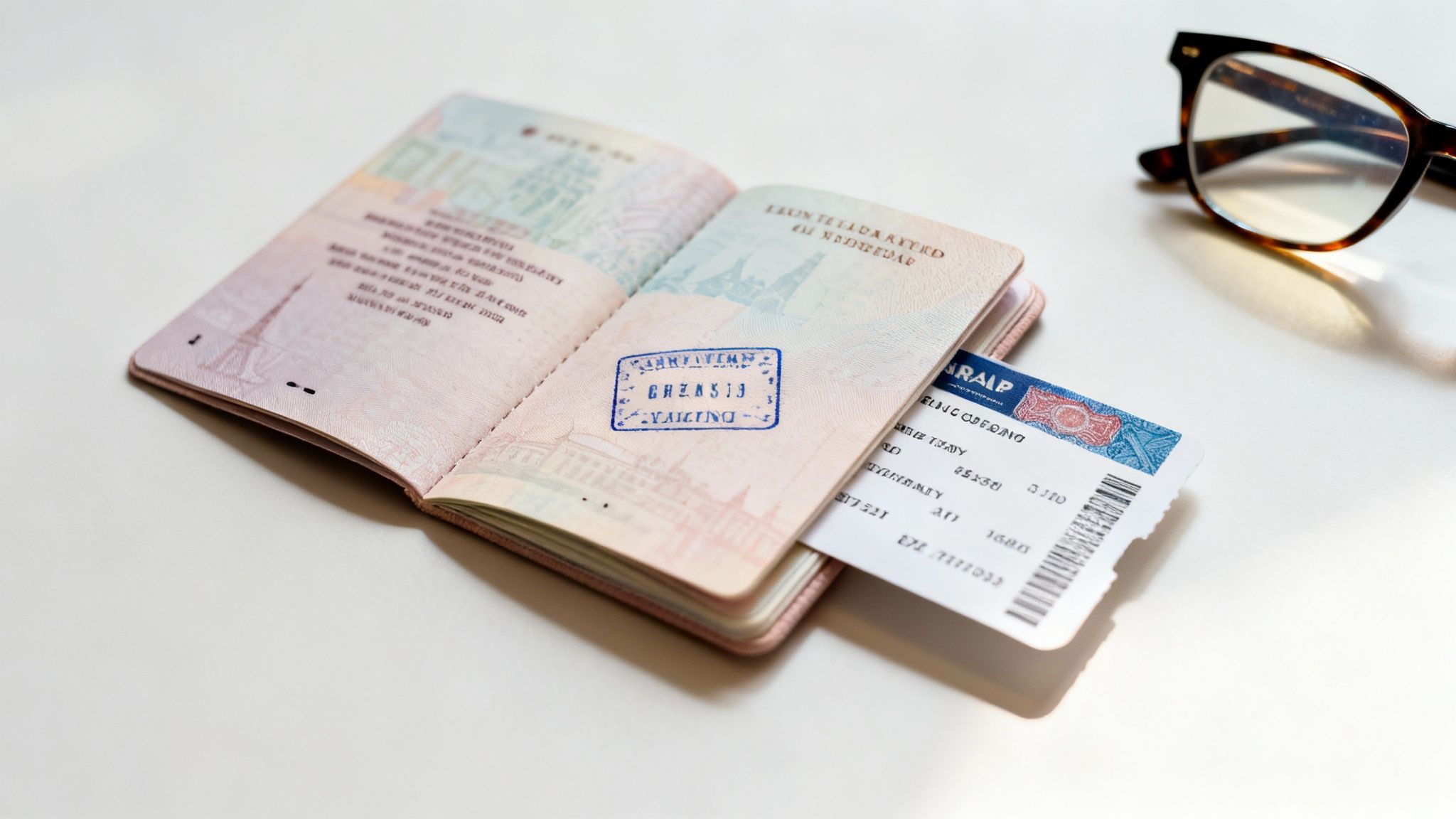 An open passport with a stamp, a flight ticket, and eyeglasses on a white table.