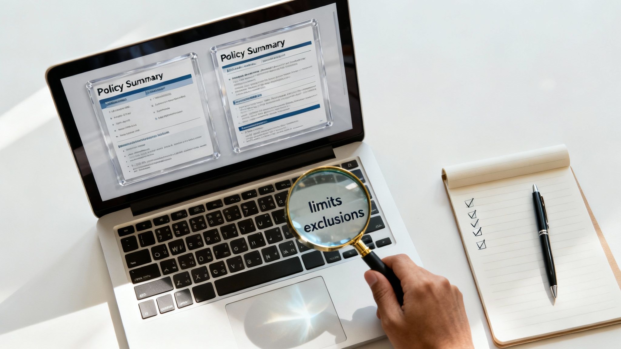 A person comparing different health insurance plans on a tablet, with checklists and graphs visible.