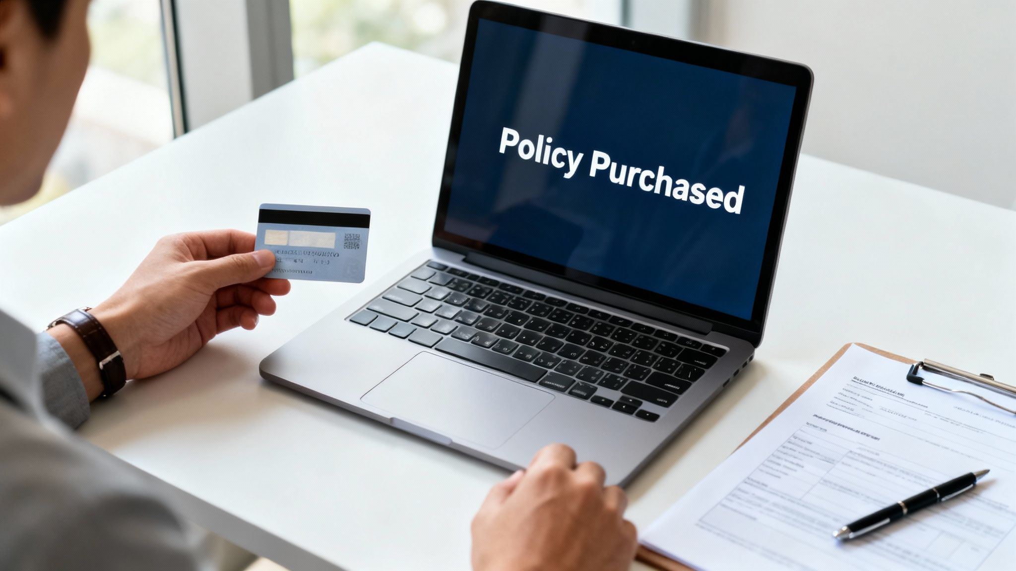 A person holds a credit card while looking at a laptop displaying 'Policy Purchased', signifying an online transaction.