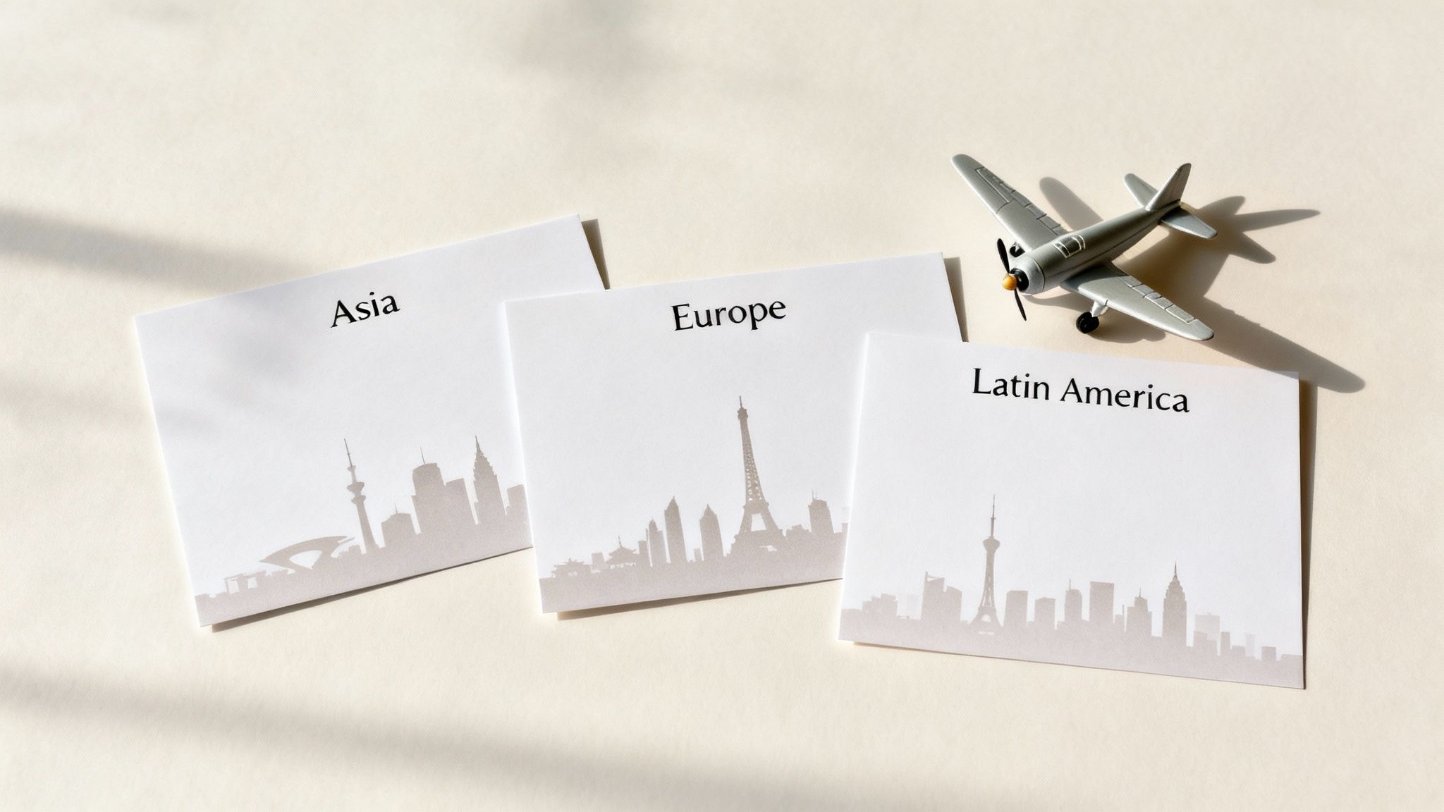 A toy airplane sits next to cards displaying "Asia," "Europe," and "Latin America" with skylines.