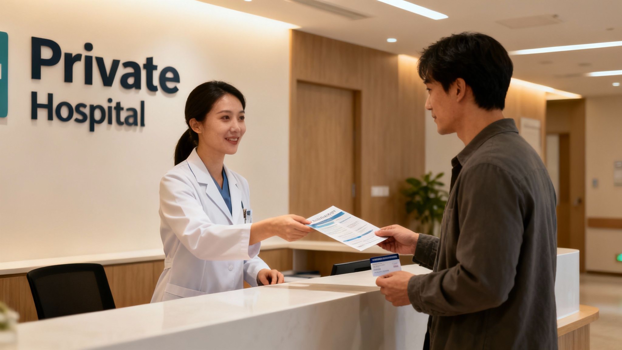 A modern hospital building in Thailand with a clear blue sky.