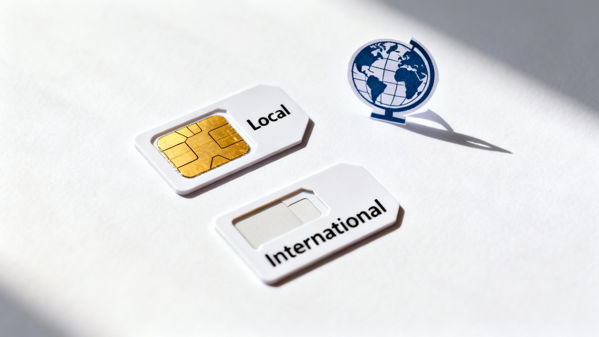 Two SIM cards, one labeled 'Local' and one 'International', beside a small globe on white.