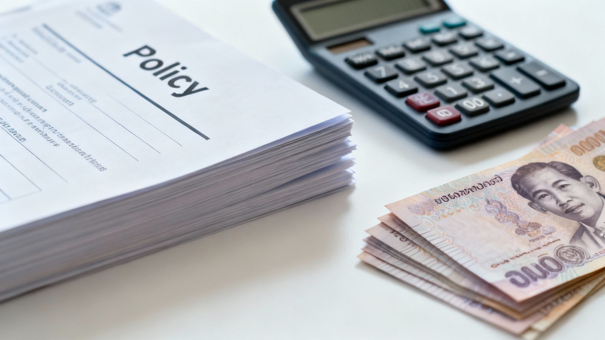 A person using a calculator with Thai Baht coins nearby, symbolizing budgeting for health insurance.
