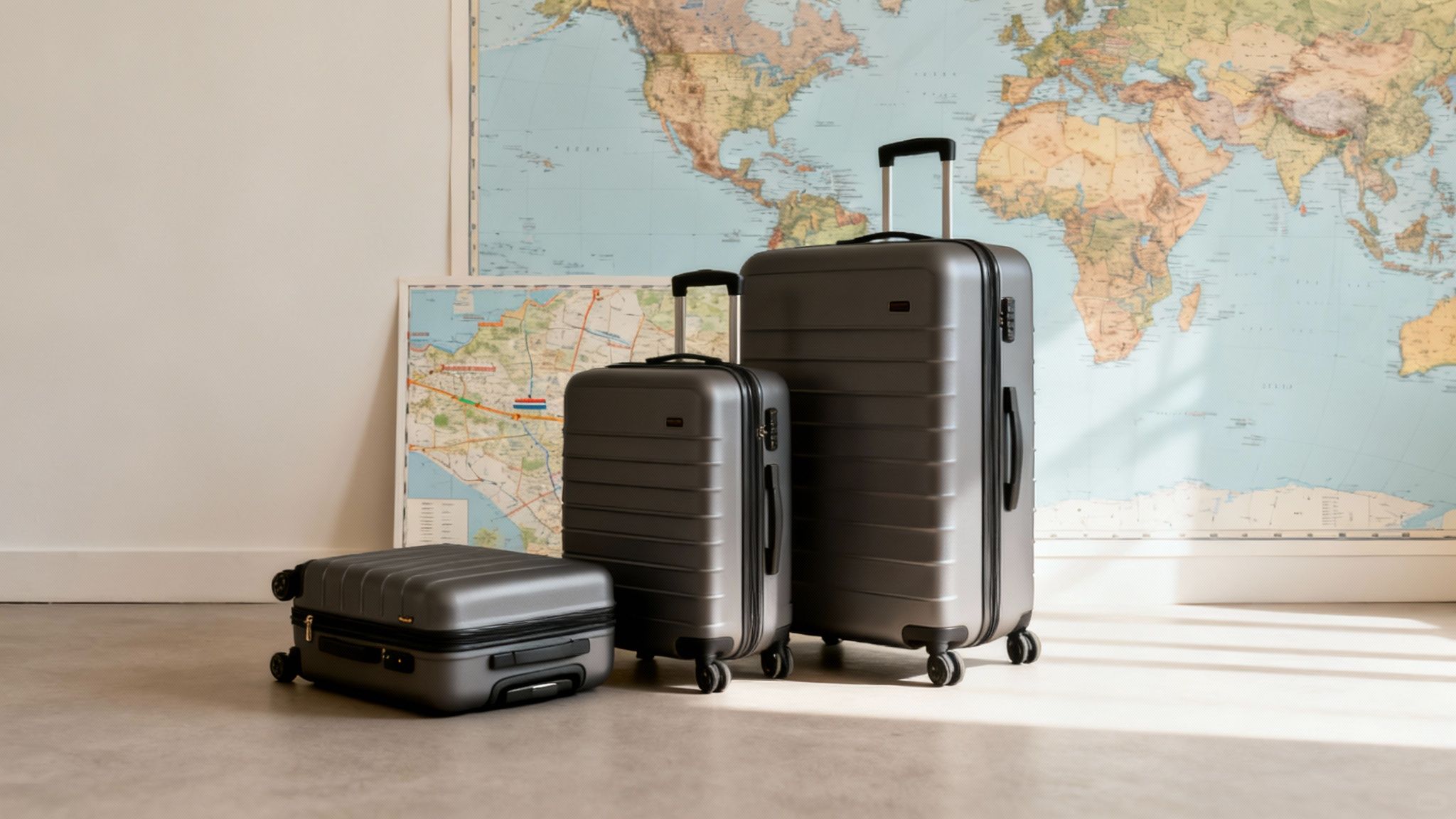 Three grey travel suitcases of varying sizes stand on a floor in front of world maps.
