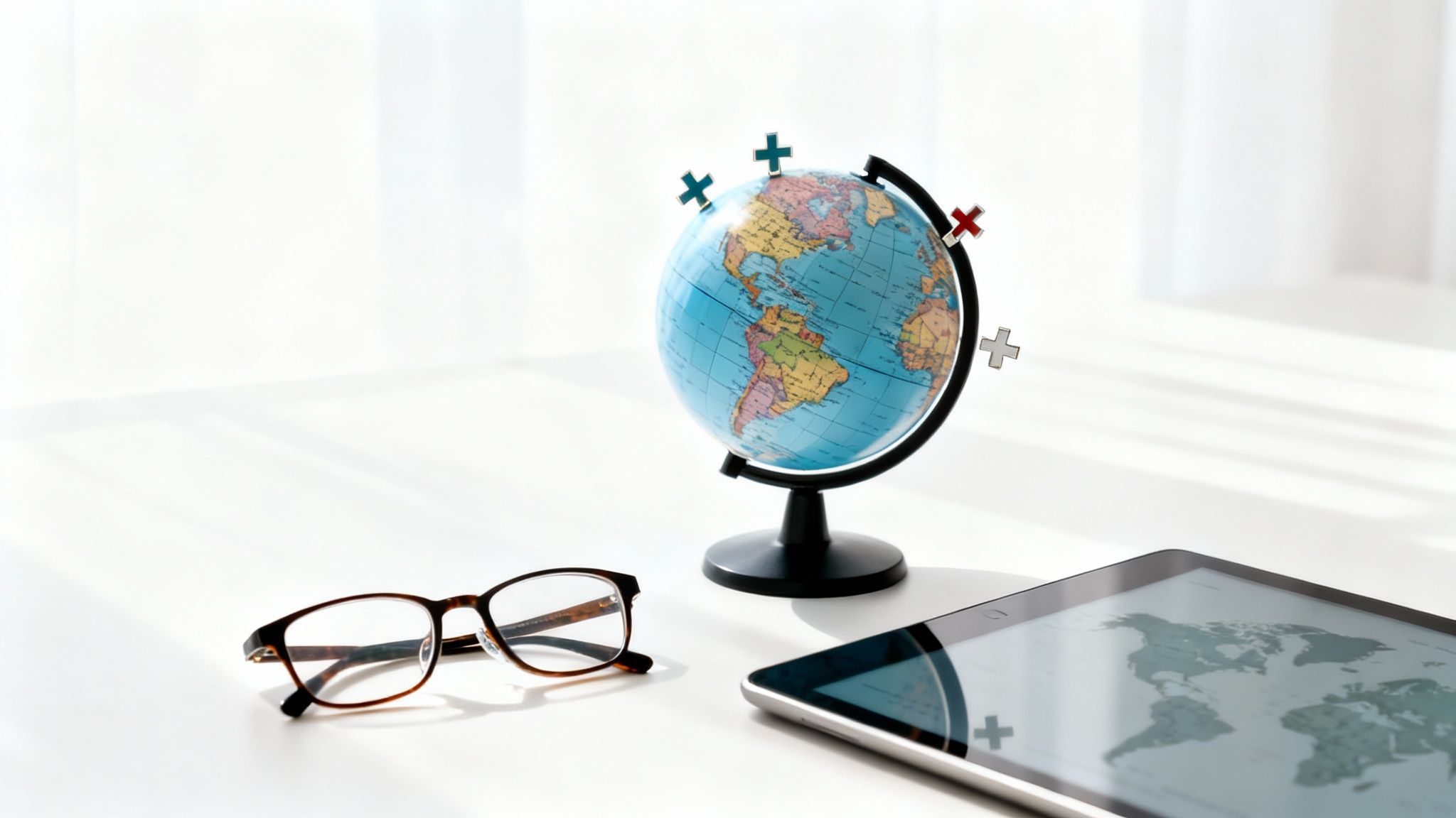 A desk with a globe marked with medical crosses, a pair of glasses, and a tablet showing a world map.