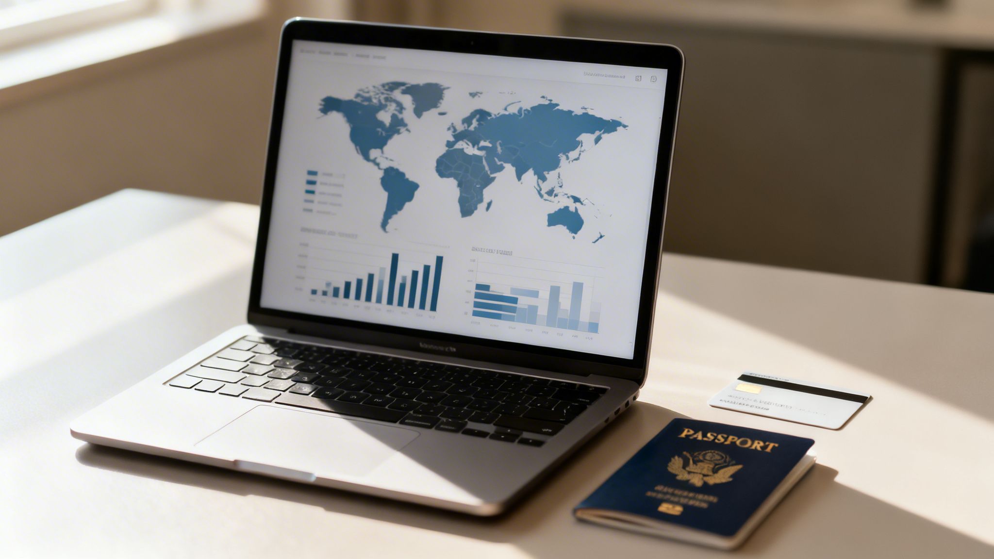 A laptop displaying a world map and data, a US passport, and a credit card on a desk.
