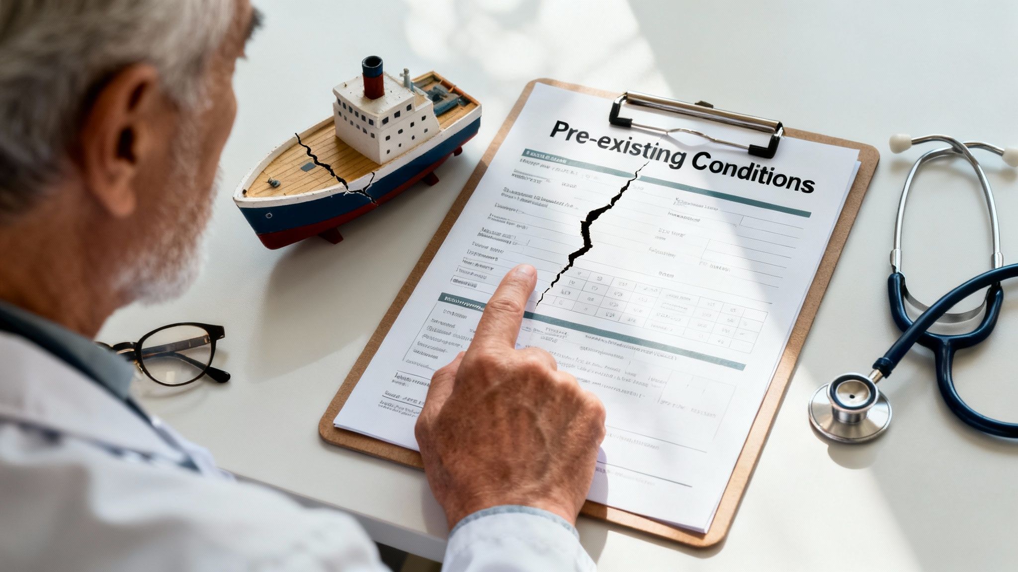 A doctor explains a document to a senior patient in a medical office.