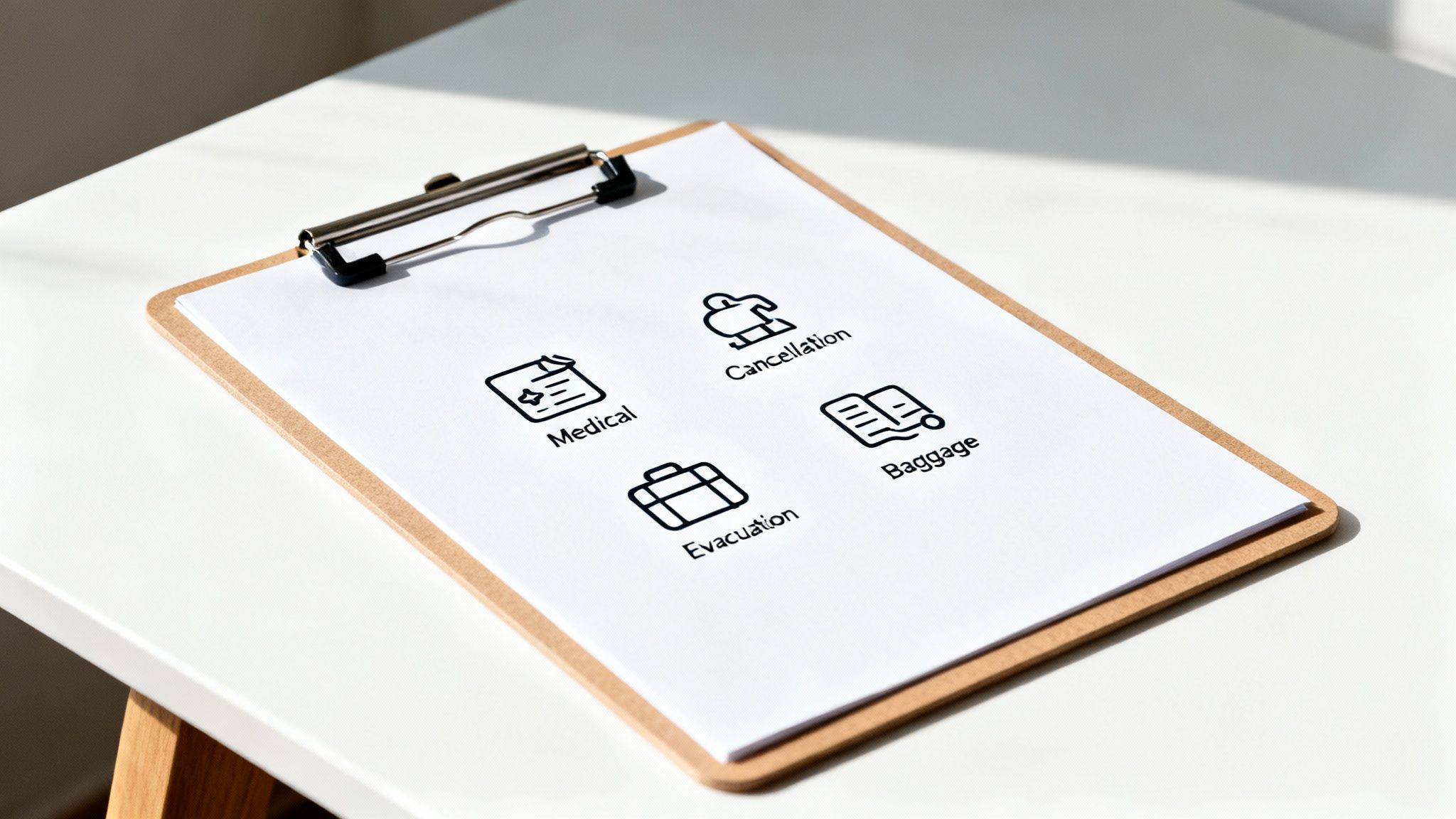 A clipboard with a paper showing icons for medical, cancellation, evacuation, and baggage travel insurance.