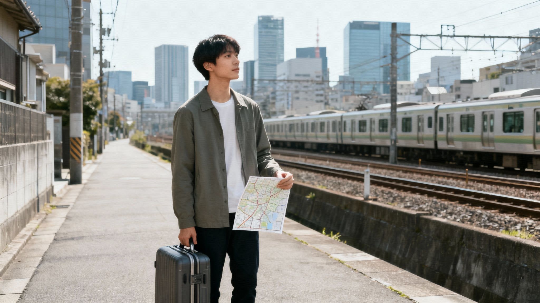 Young Asian man holding map and suitcase standing near train tracks in urban Japan