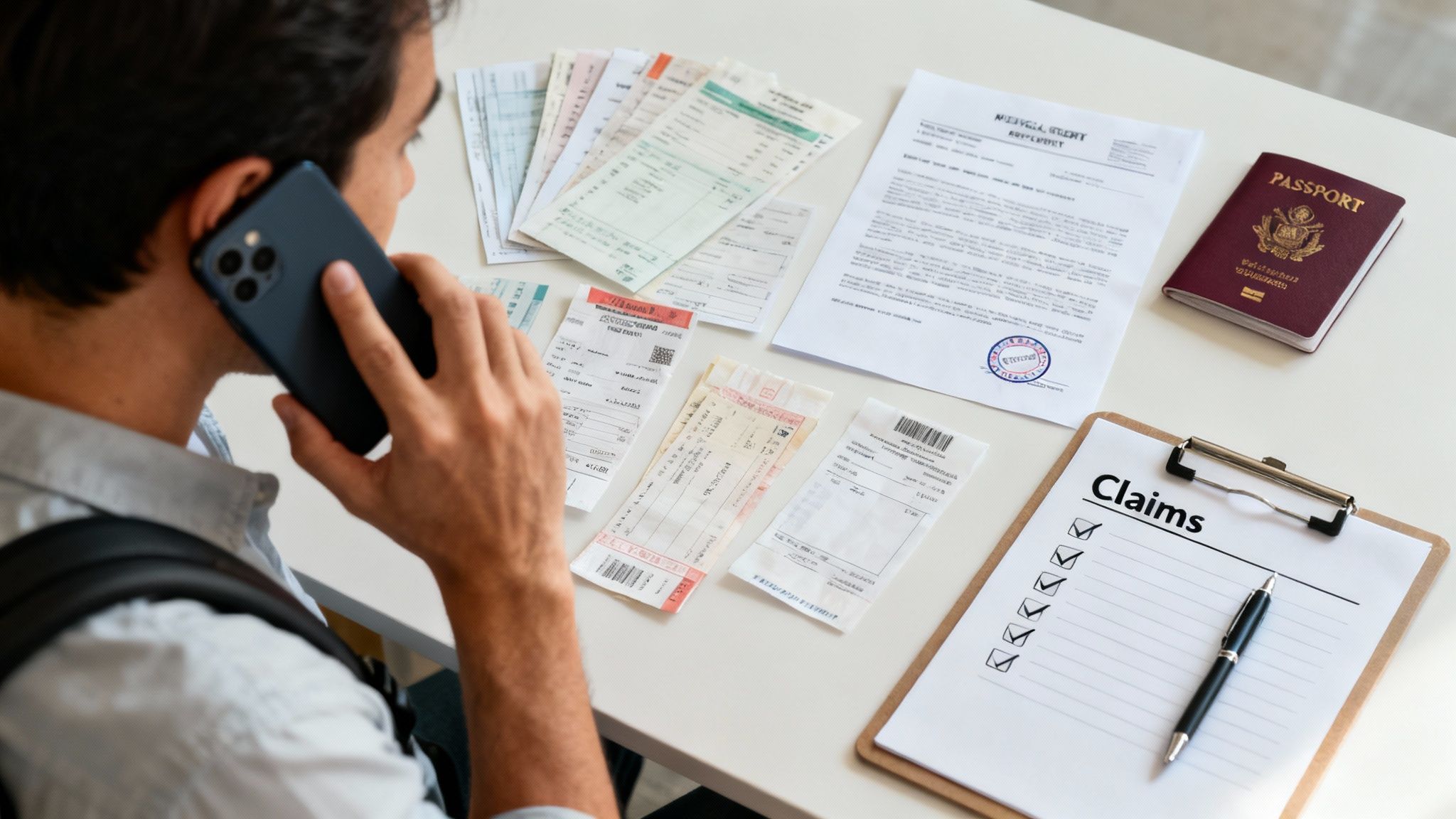 A person on the phone sorting travel insurance claims with receipts, a passport, and a checklist.