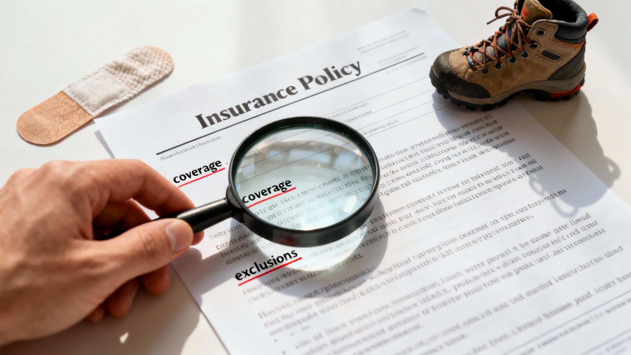 A person using a magnifying glass to inspect the fine print of an insurance document.