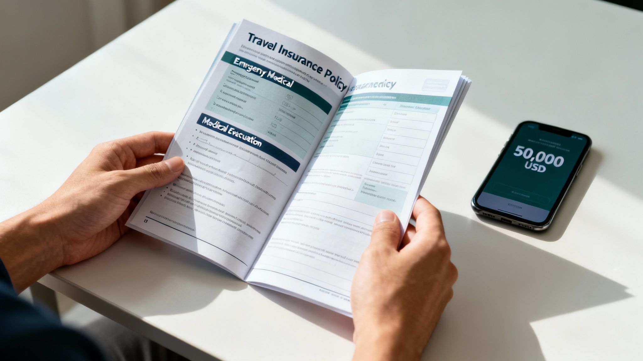 A person reads a travel insurance policy booklet, with a smartphone showing 50,000 USD on a white table.