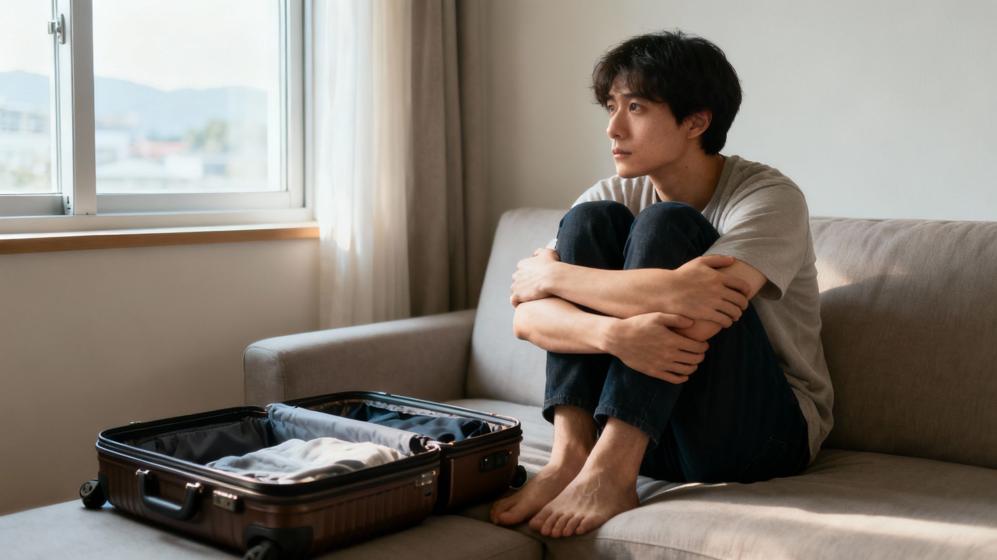 A pensive young man sits on a sofa, looking sad next to an open suitcase.