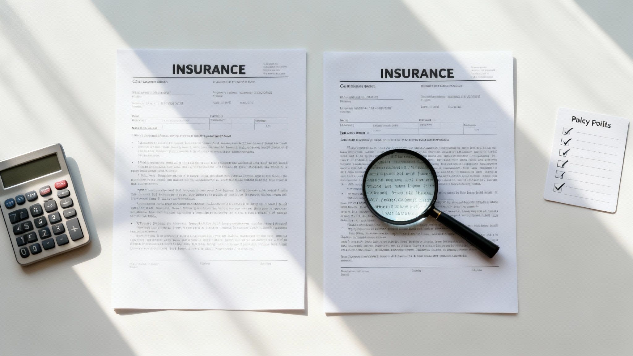 A desk with two insurance documents, a calculator, a magnifying glass, and a policy checklist.