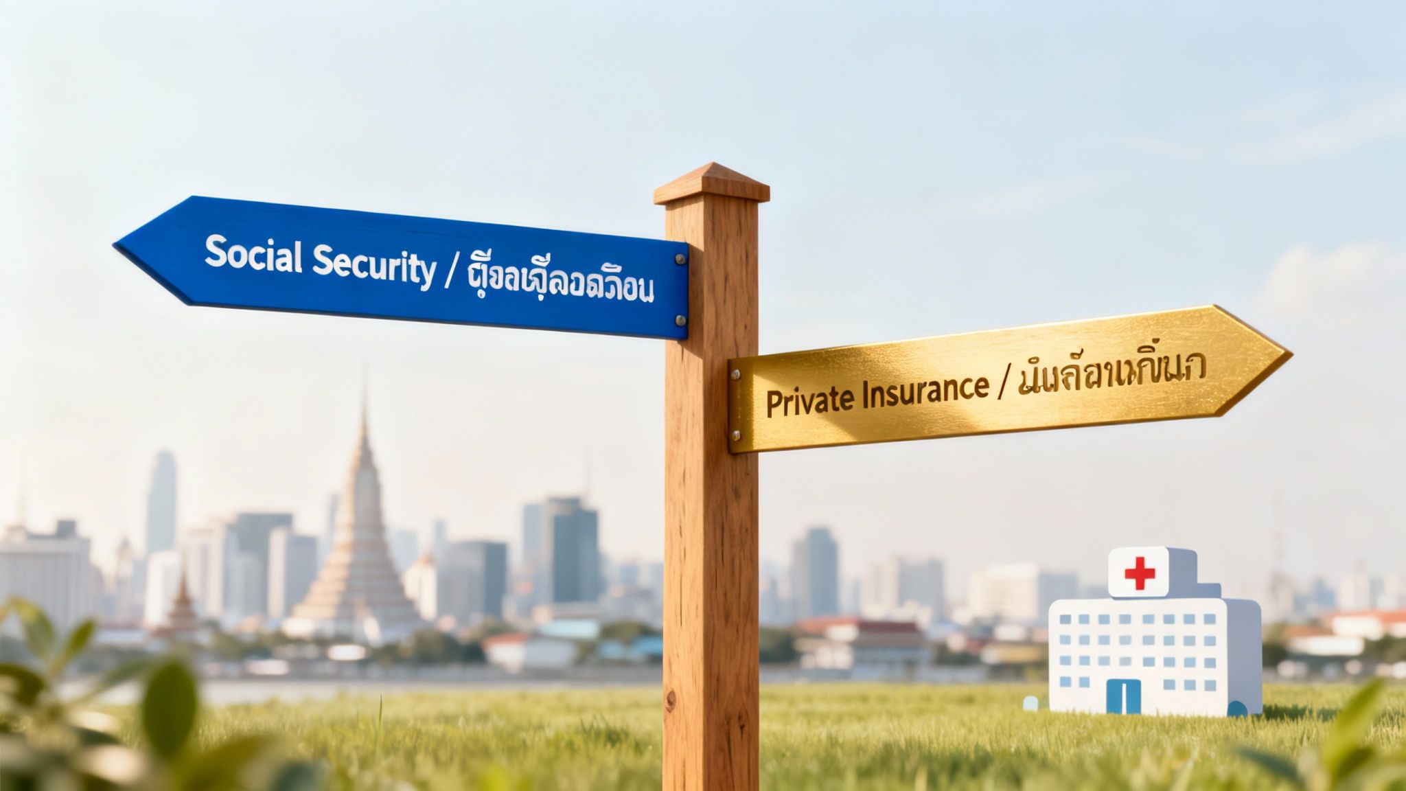 A wooden signpost offering a choice between Social Security and Private Insurance, with a cityscape and hospital in the background.