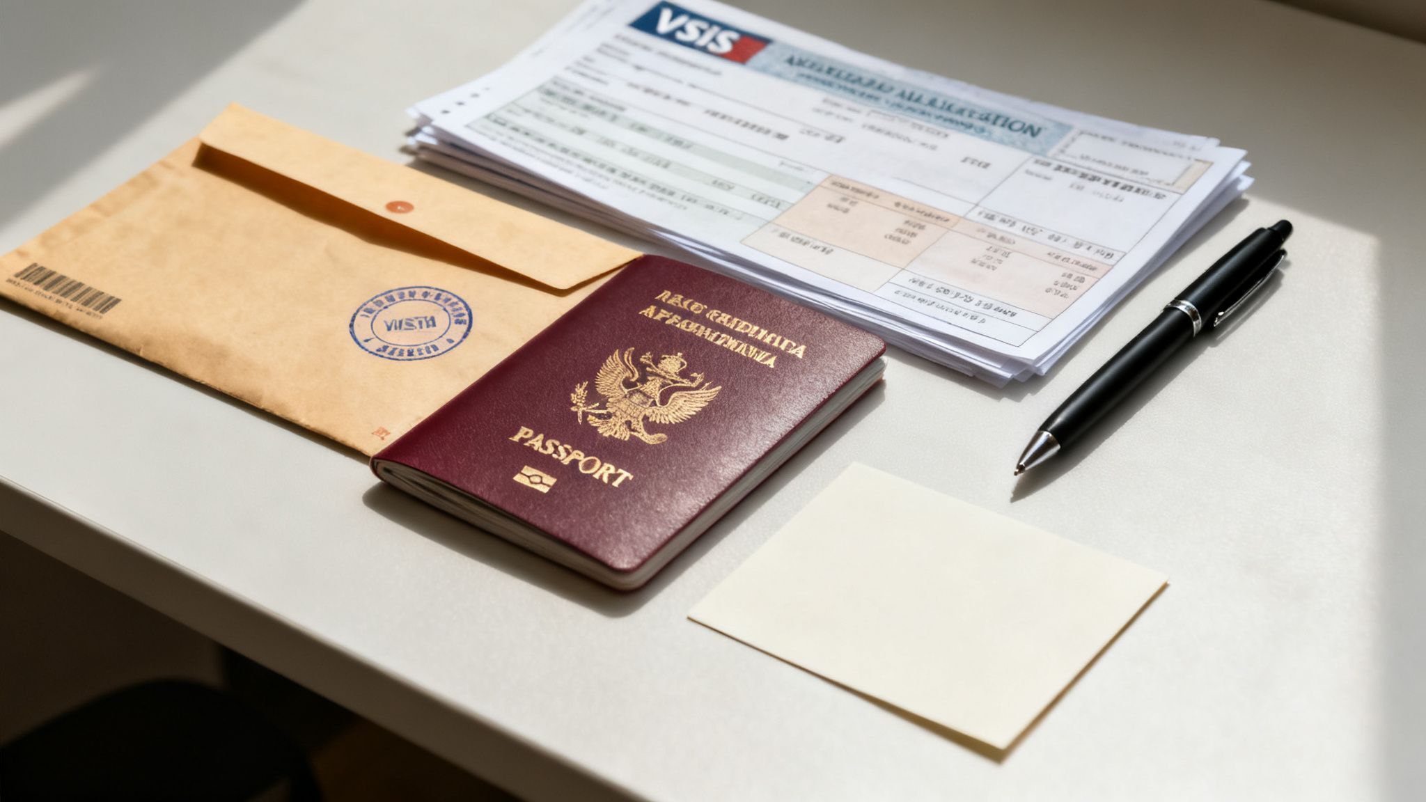 A Russian passport, an envelope, a stack of official papers, and a pen on a desk.