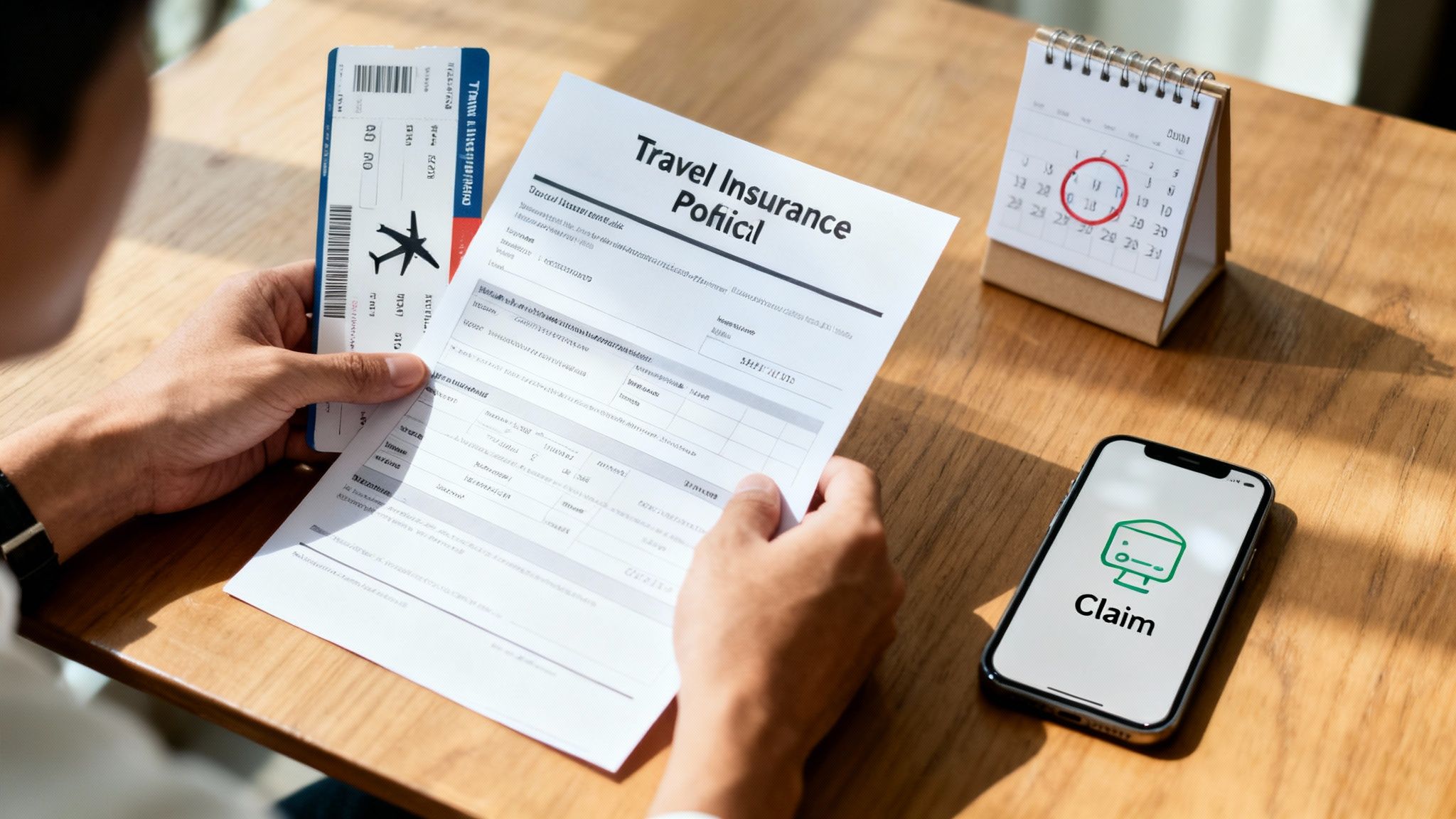 A person holds a flight ticket and travel insurance document, with a calendar and a phone showing a claim app.