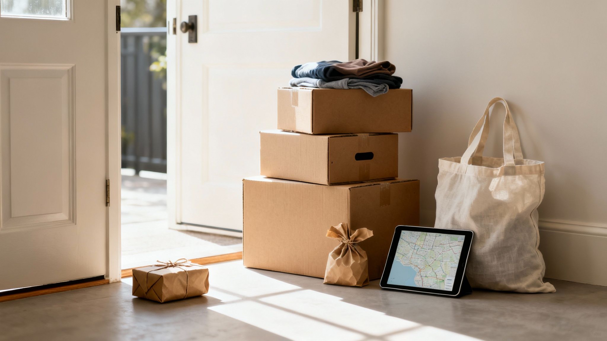 A stack of moving boxes, a delivery package, and a tablet with a map by an open door.