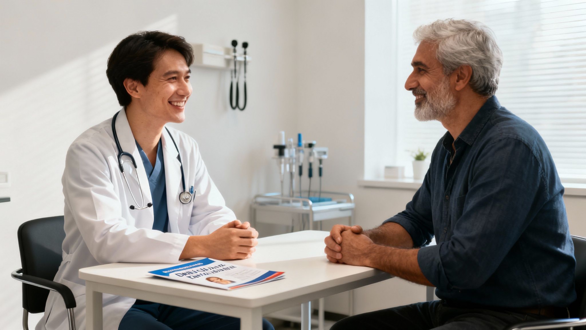 A smiling doctor consulting with a happy expat couple in a bright, modern office.