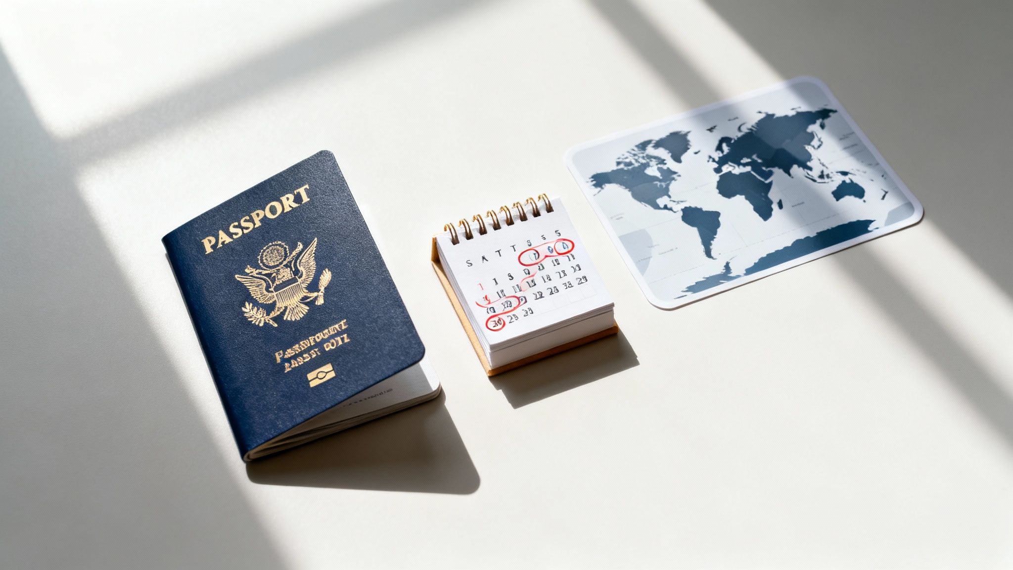A US passport, a small calendar with circled dates, and a world map on a white surface, symbolizing travel planning.