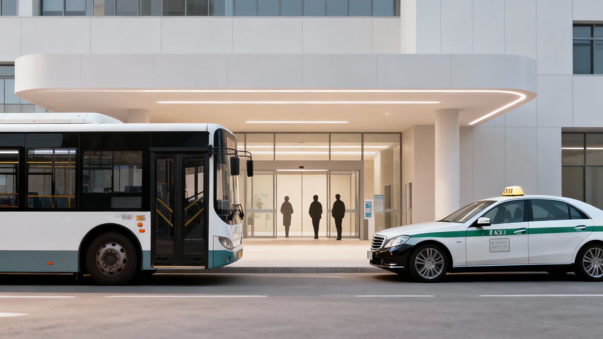 A modern building entrance with a white bus and a white and green taxi parked outside.